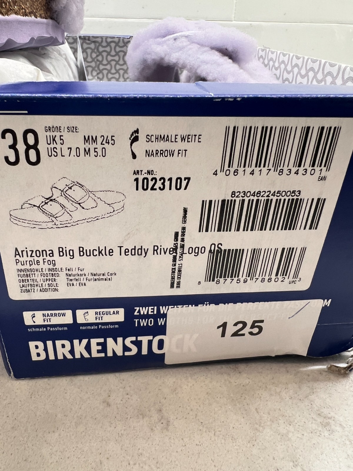 Birkenstock Arizona Big Buckle Teddy Rivet Purple Fog Slides EU38 US7 NIB