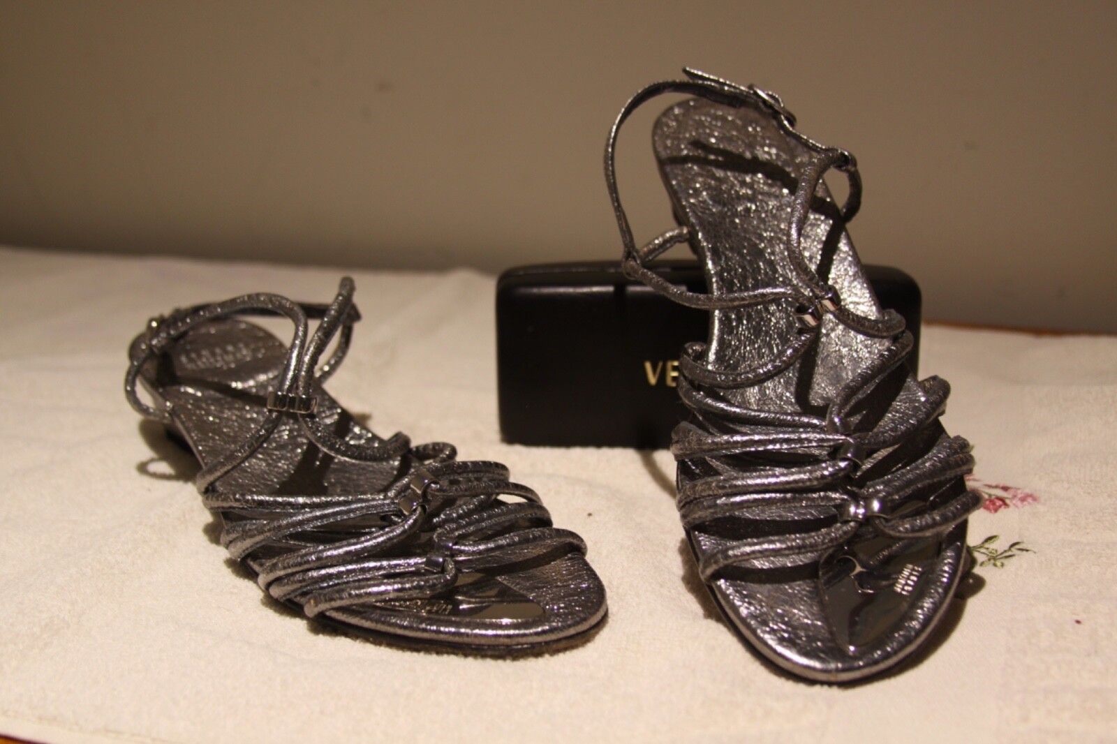Stuart Weitzman Metallic Silver Strappy 1.25 Inch Wedge Heel Sandals Size 7.5 M