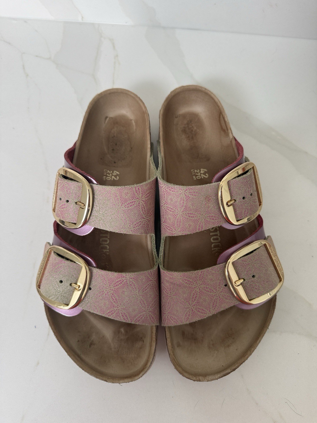 Birkenstock Arizona Leather Big Buckle Pink Ceramic With Gold Metallic 42 11 R