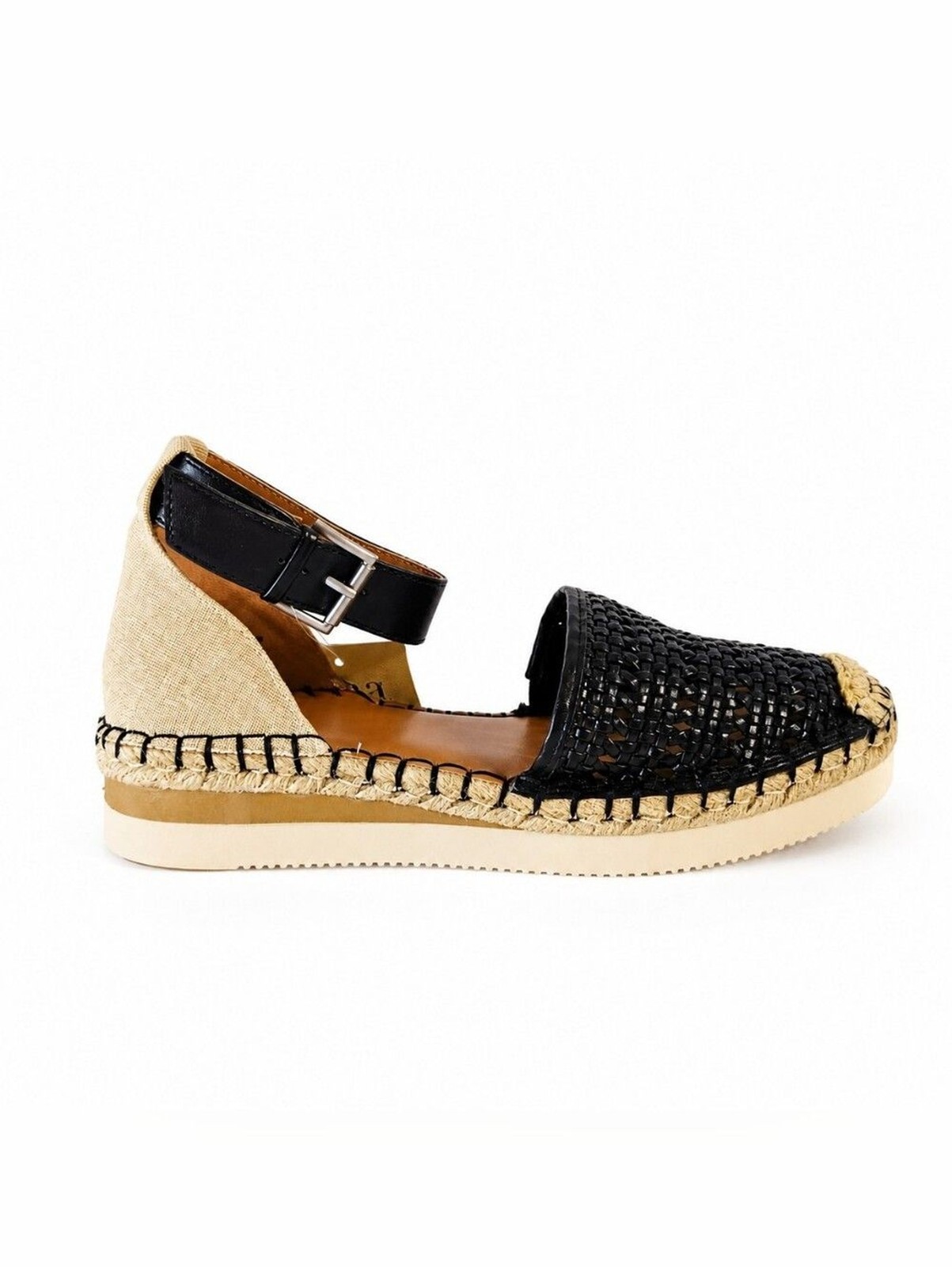 a.n.a. Clara Woven Espadrille Sandals Black Beige Ankle Strap Size 6.5 Bohemian