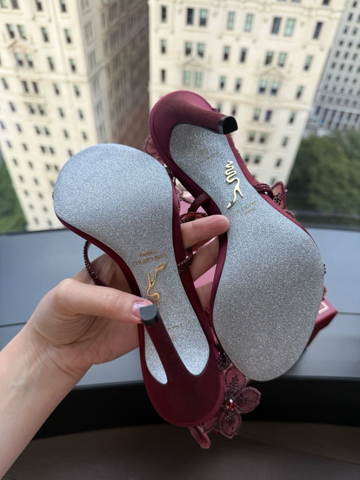 Rene Caovilla PEACH FLOWER BURGUNDY SANDAL 105 NEW IN BOX Size 38