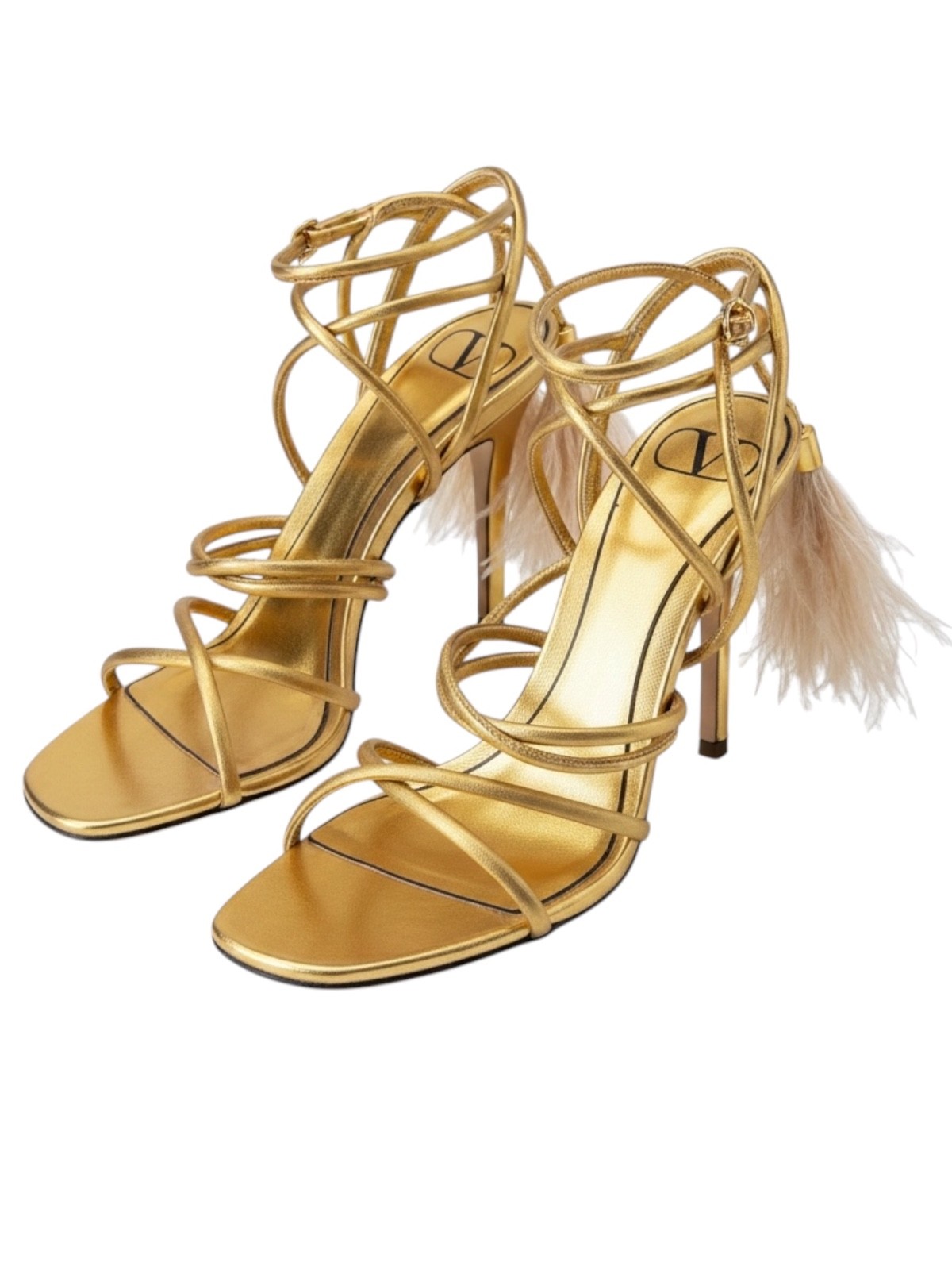 Valentino Garavani Upflair Gold Feather Wrap Sandals Size 38.5 With Box