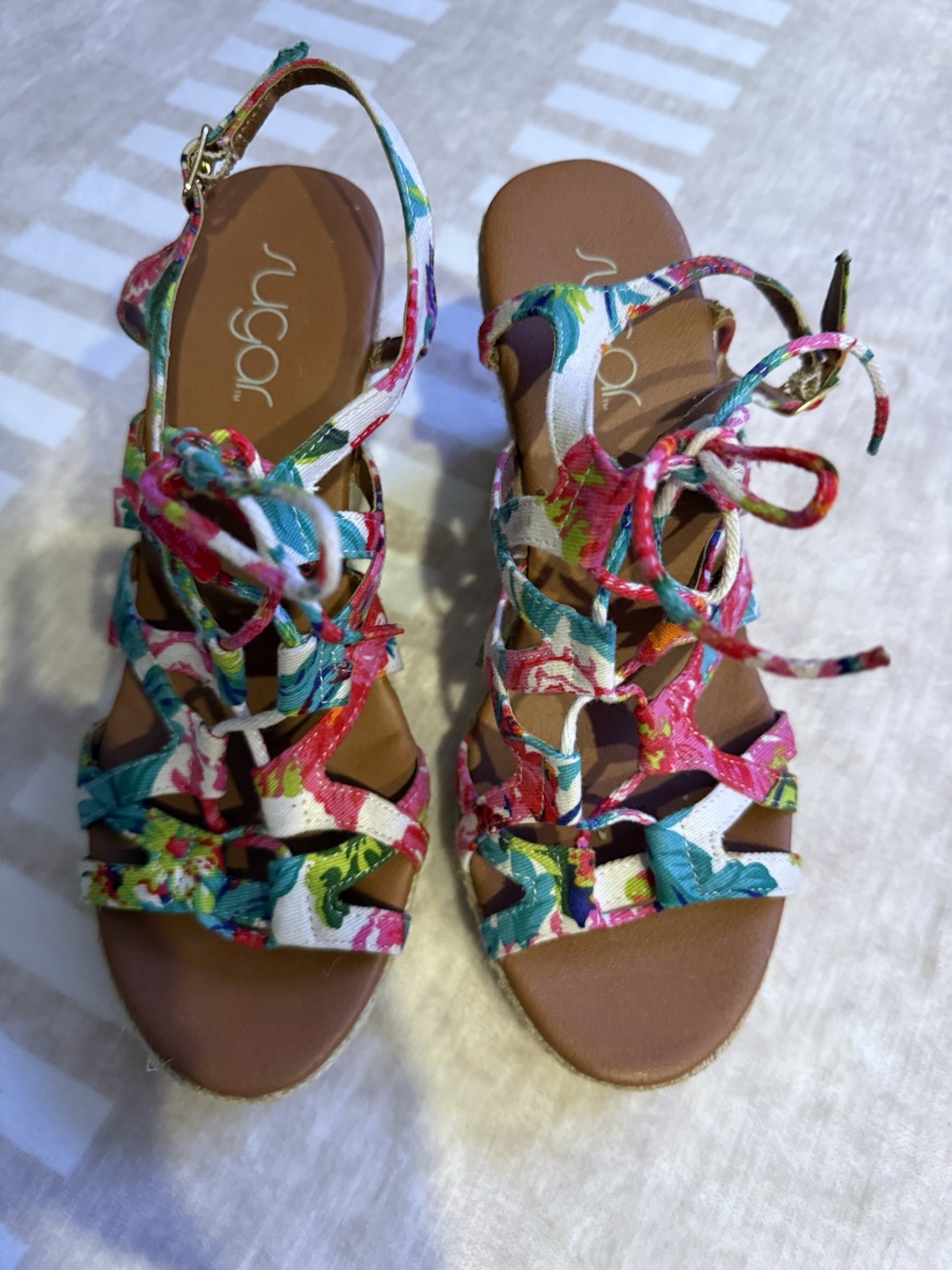 Sugar Women’s Multicolor Floral Strappy Lace-Up Espadrille Wedge Sandals