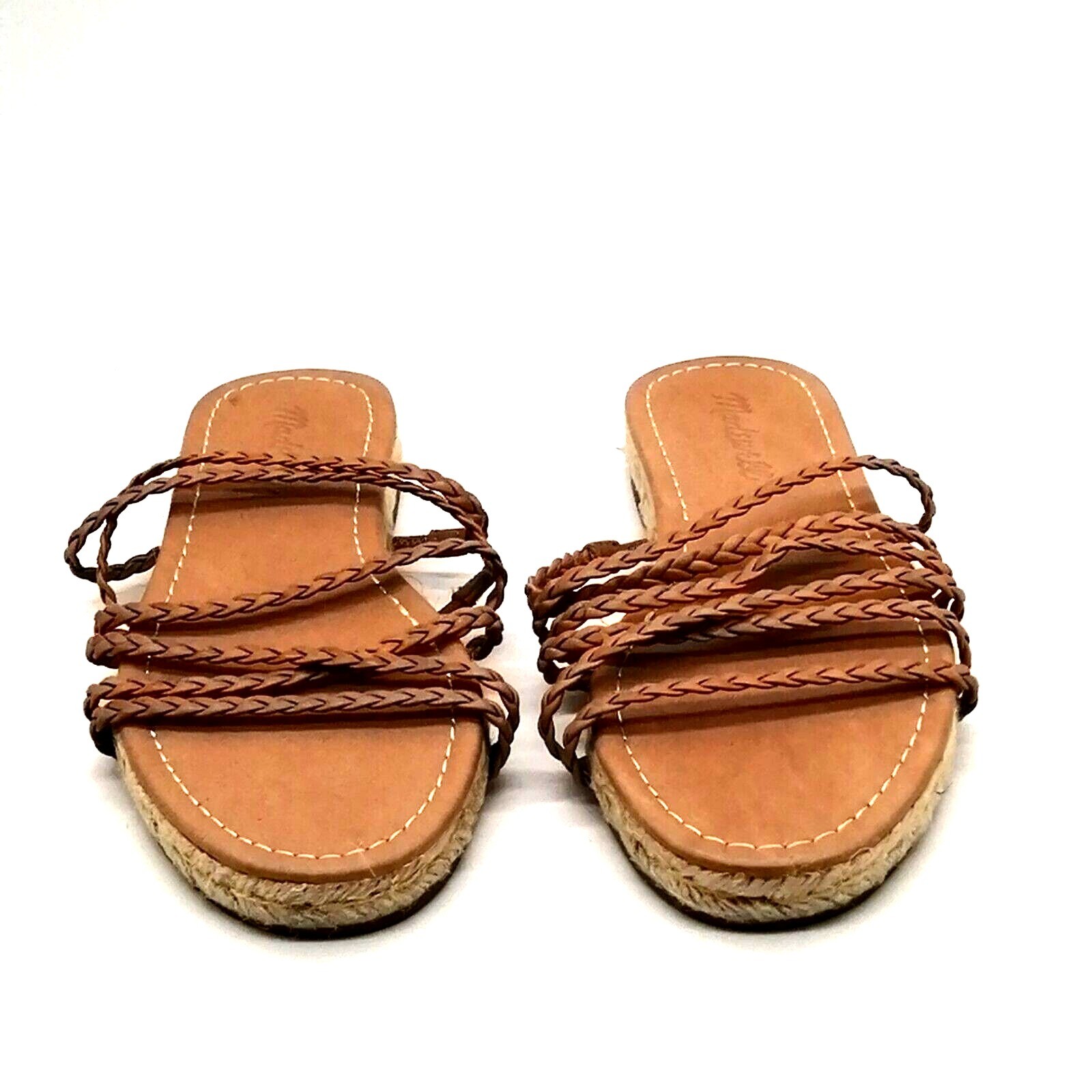 Madewell Womens Espadrille Slide Sandal Tan Leather Braided Straps Flat 6 NEW