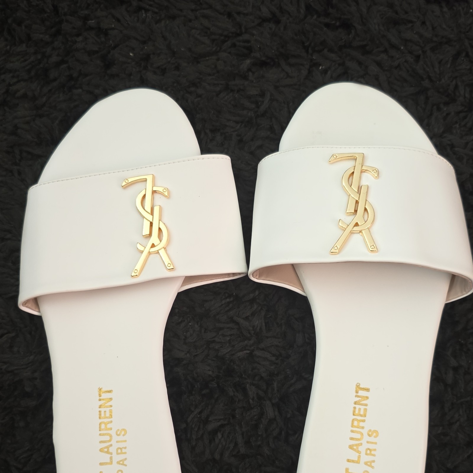 Saint Laurent Women’s White Gold Logo Slide Sandals Slip-On Flat Casual