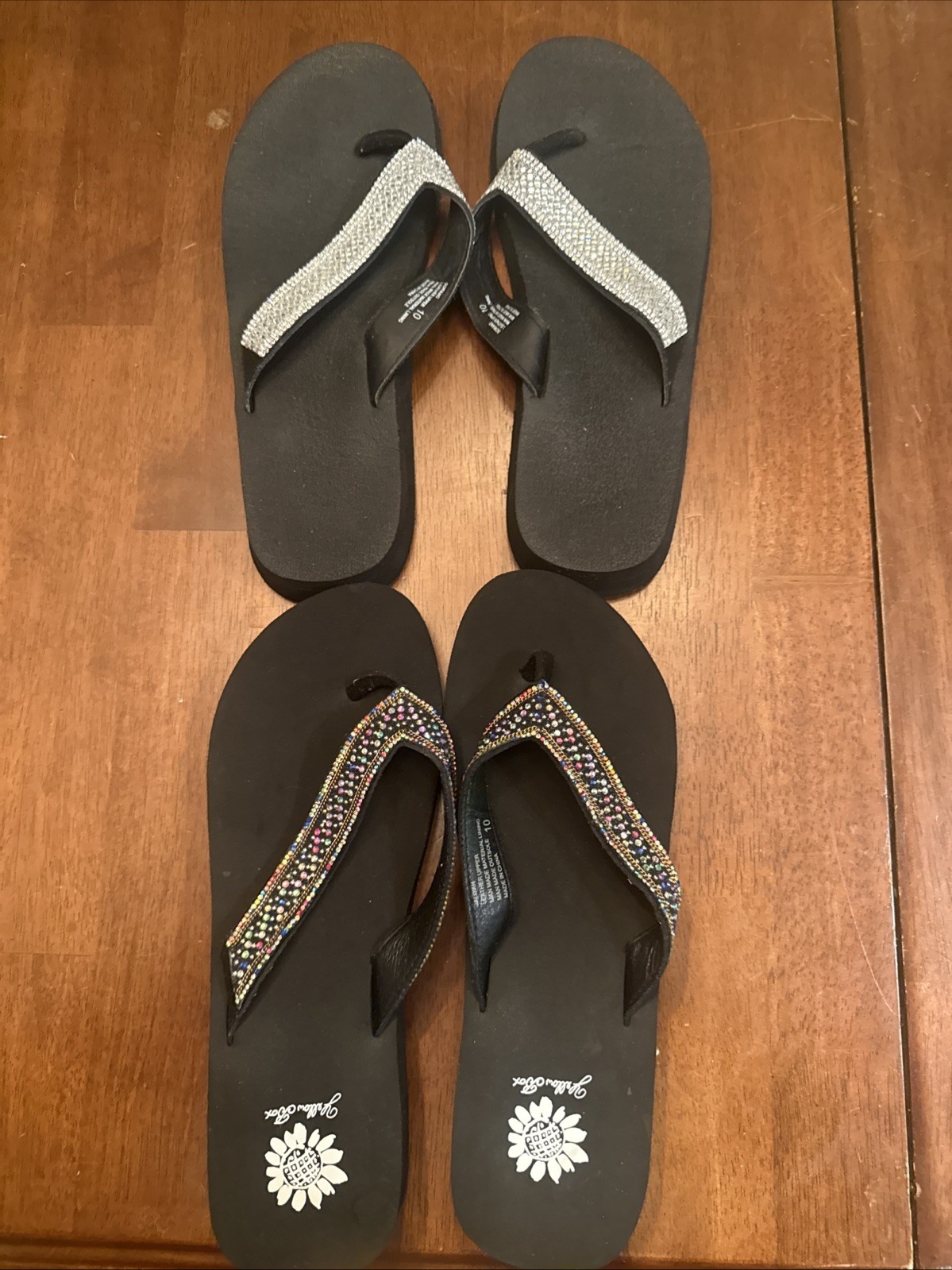 2 Pairs Of Sparkly Yellow Box Flip Flops