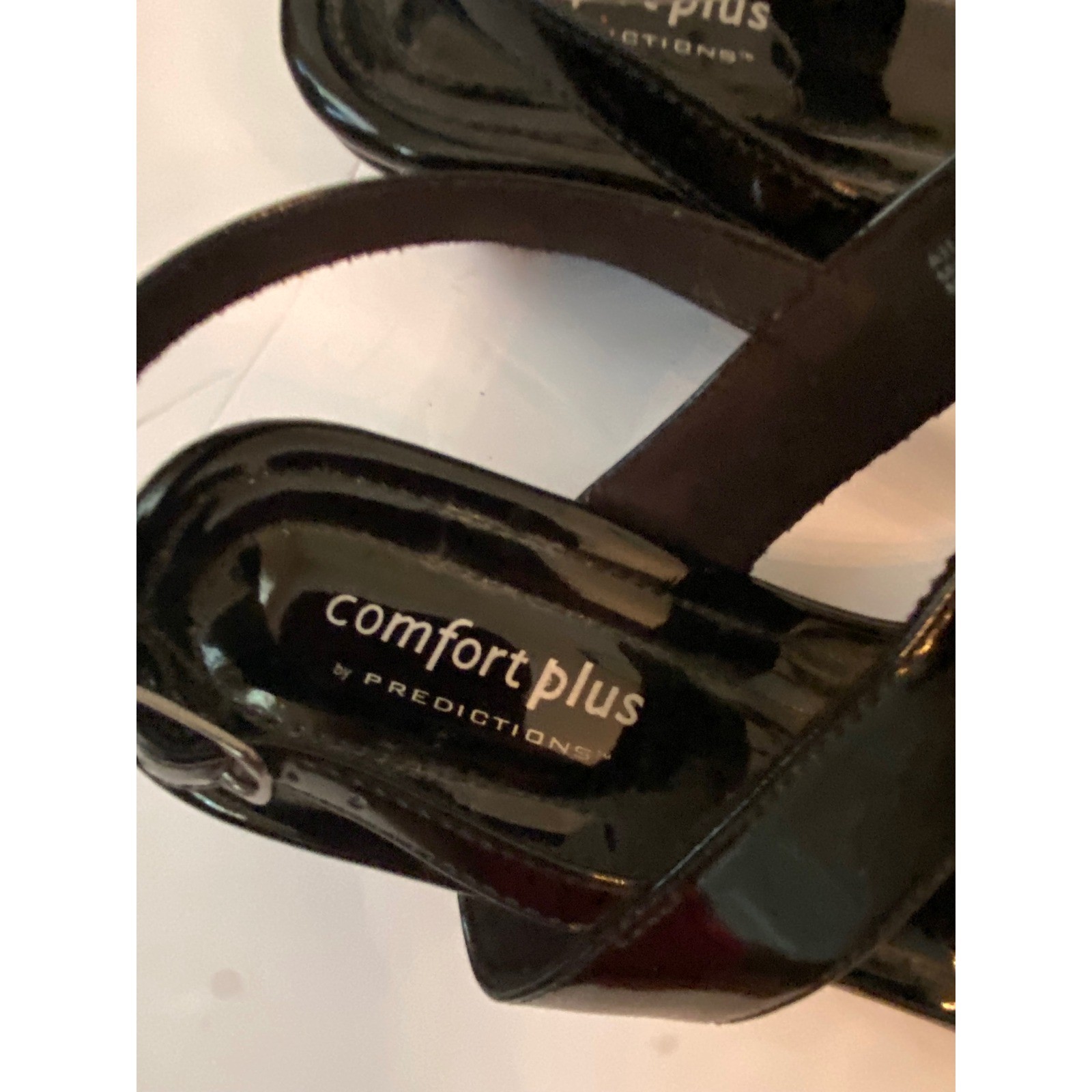 Comfort Plus by Predictions Sz 8.5 Black Patent T-Strap Wedge Sandals Rose Gold
