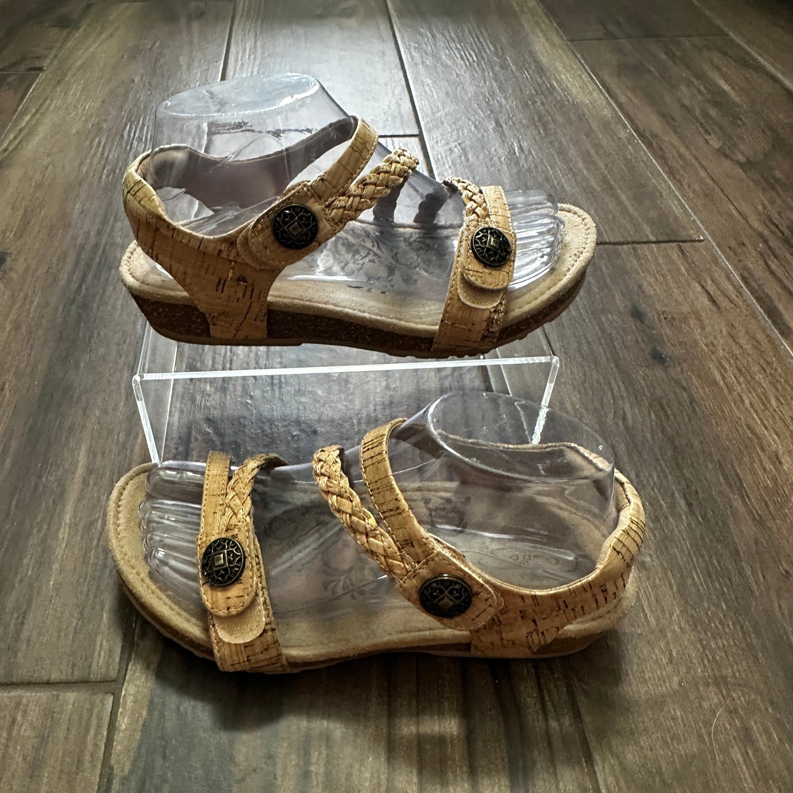 Aetrex Jillian Cork Braided Strappy Wedge Sandals Tan Bronze Medallion Women 7