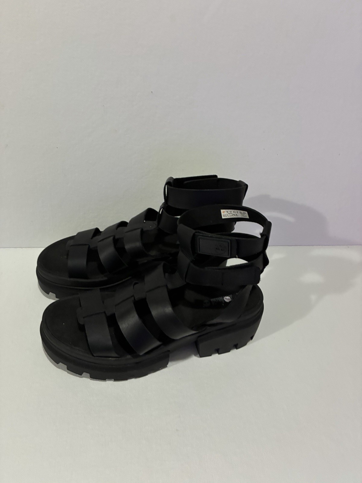 Women’s Timberline Black Leather Strappy Hook & Loop Adjustable Lug Sole Sandals