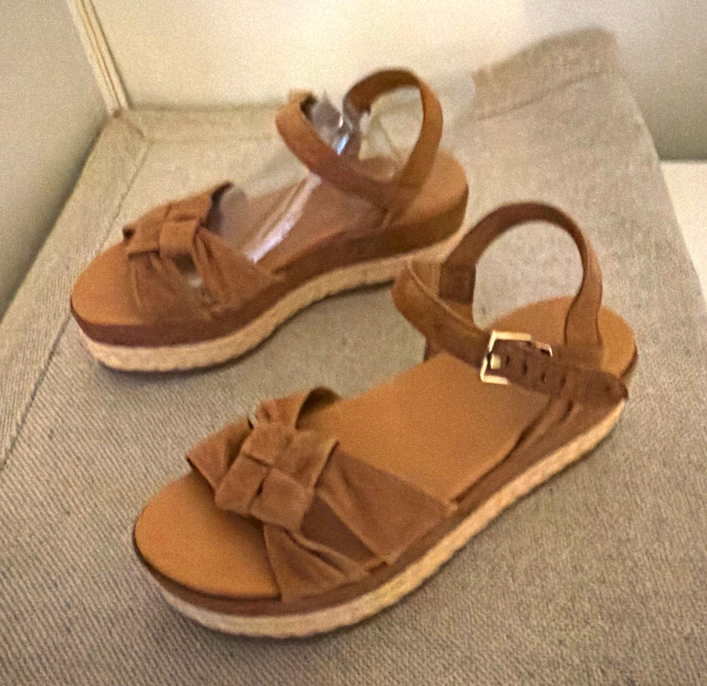 Women’s Brown Ankle Strap Flat Sandals Open Toe Bow Buckle Synthetic 10