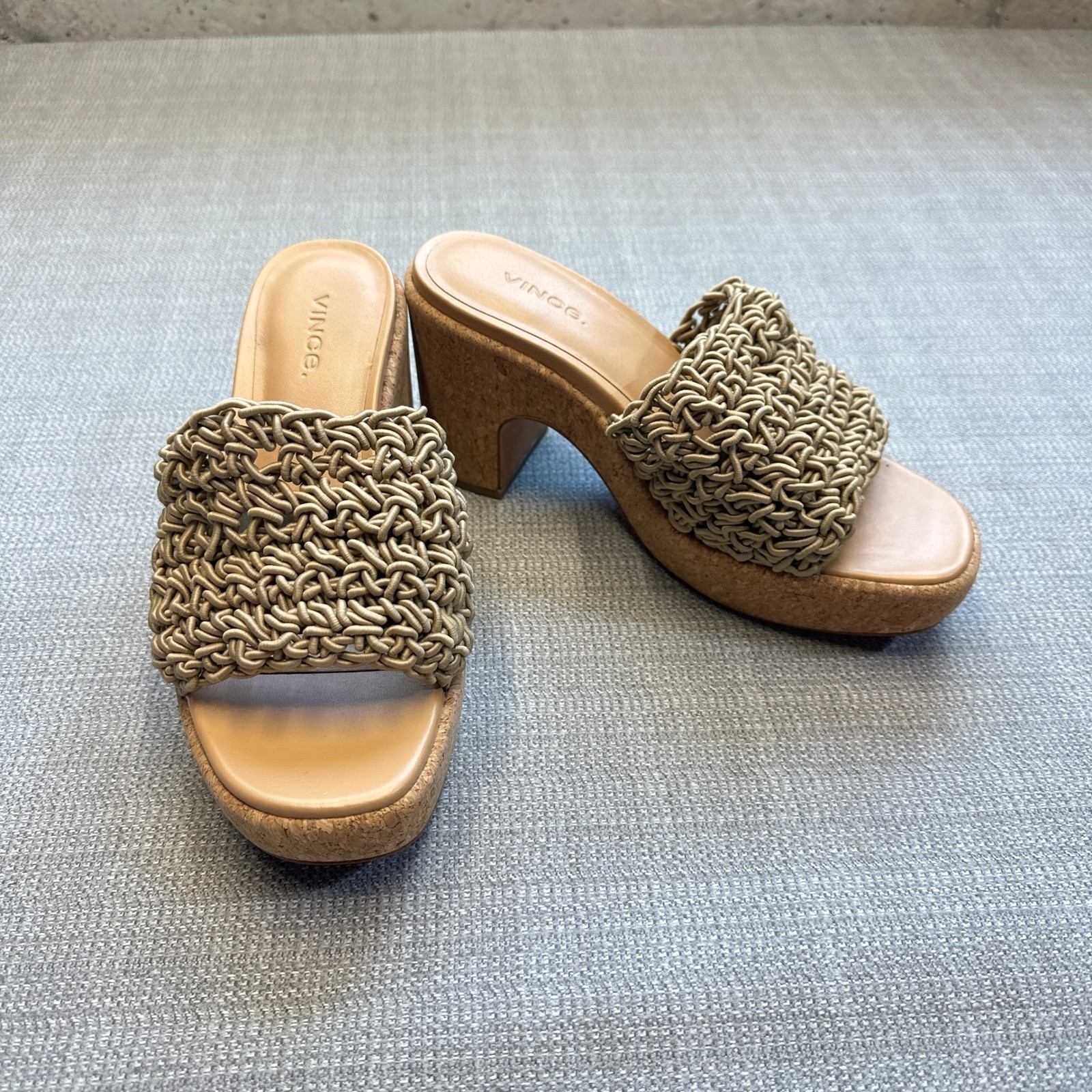 Vince Woven Crochet Cork Platform Nicki Block Heel Sandals 6.5 Coastal