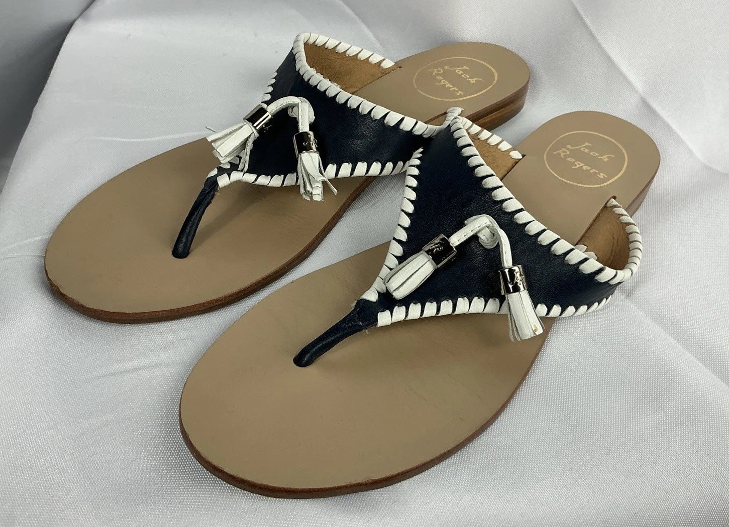 Jack Rogers Womens Alana Thong Sandals US 7.5 M Navy White Tassels Flip Flops