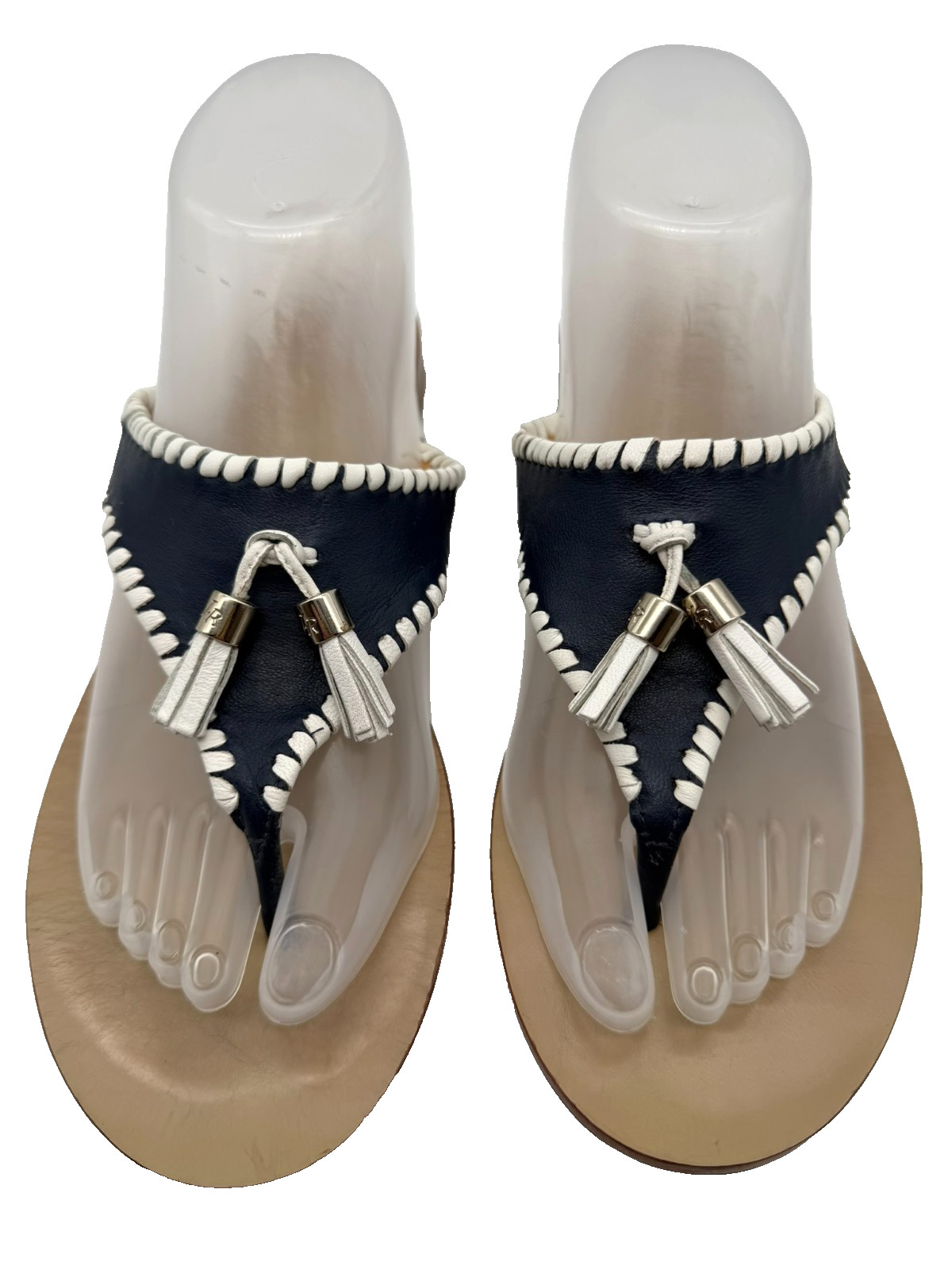Jack Rogers Alana Tassel Navy White Thong Leather Sandals Size 10M Preppy Beach