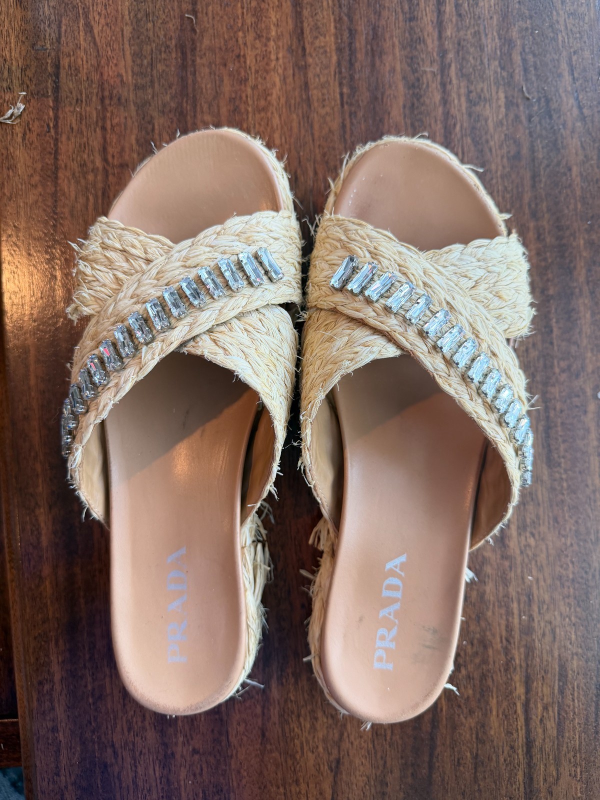 Prada Beige Raffia Crisscross sandals crystal embellished slides size 41