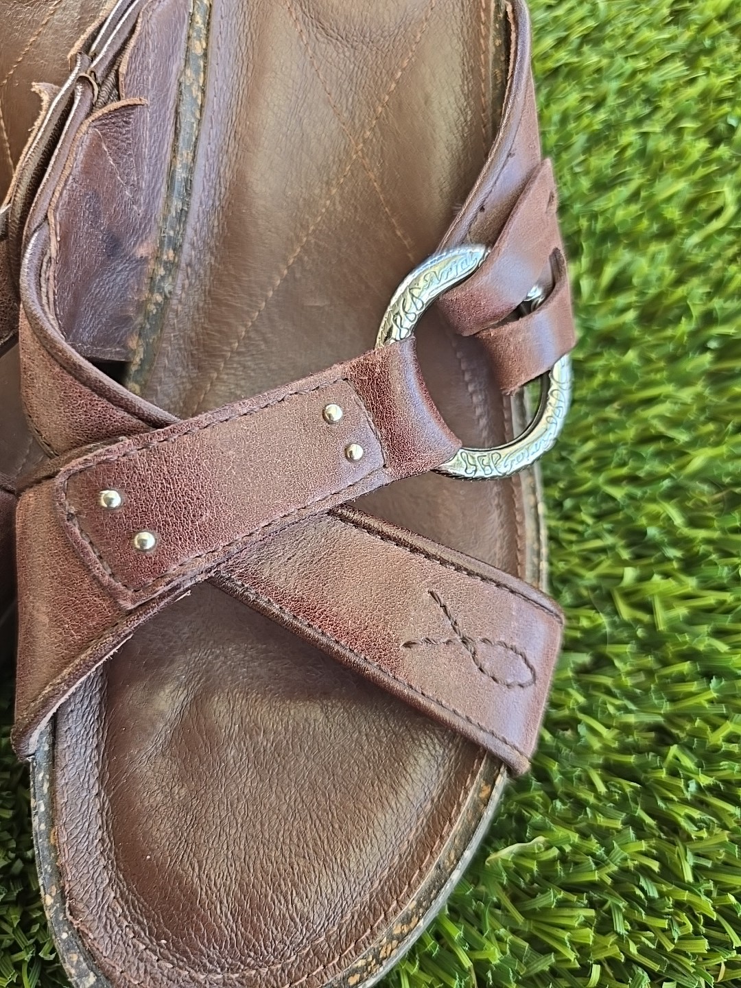Ariat Leather Sandals Womens Size 7.5 B Slides Brown 3″ Heel Slip On Cork Insole