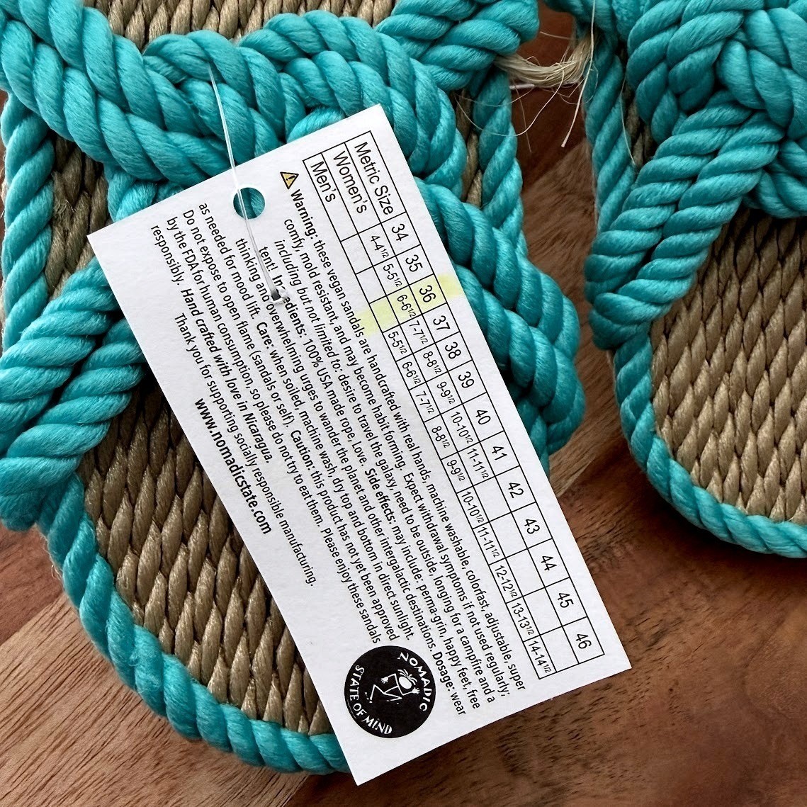 Nomadic State of Mind Size 36 Sailor Turquoise Rope Sandals Vegan Boho Slides