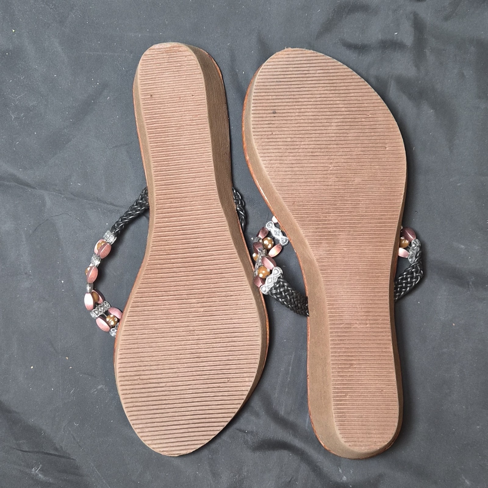 ND Women’s Beaded Thong Sandals Slip On Brown Black Silver Synthetic Casual
