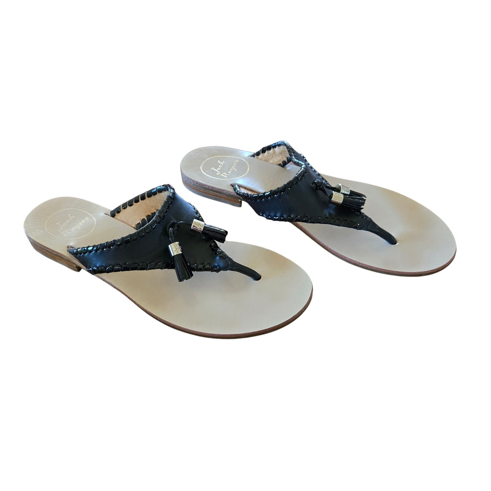 Jack Rogers Alana Black Patent Leather Tassel Whipstitch Thong Sandals Womens 8M