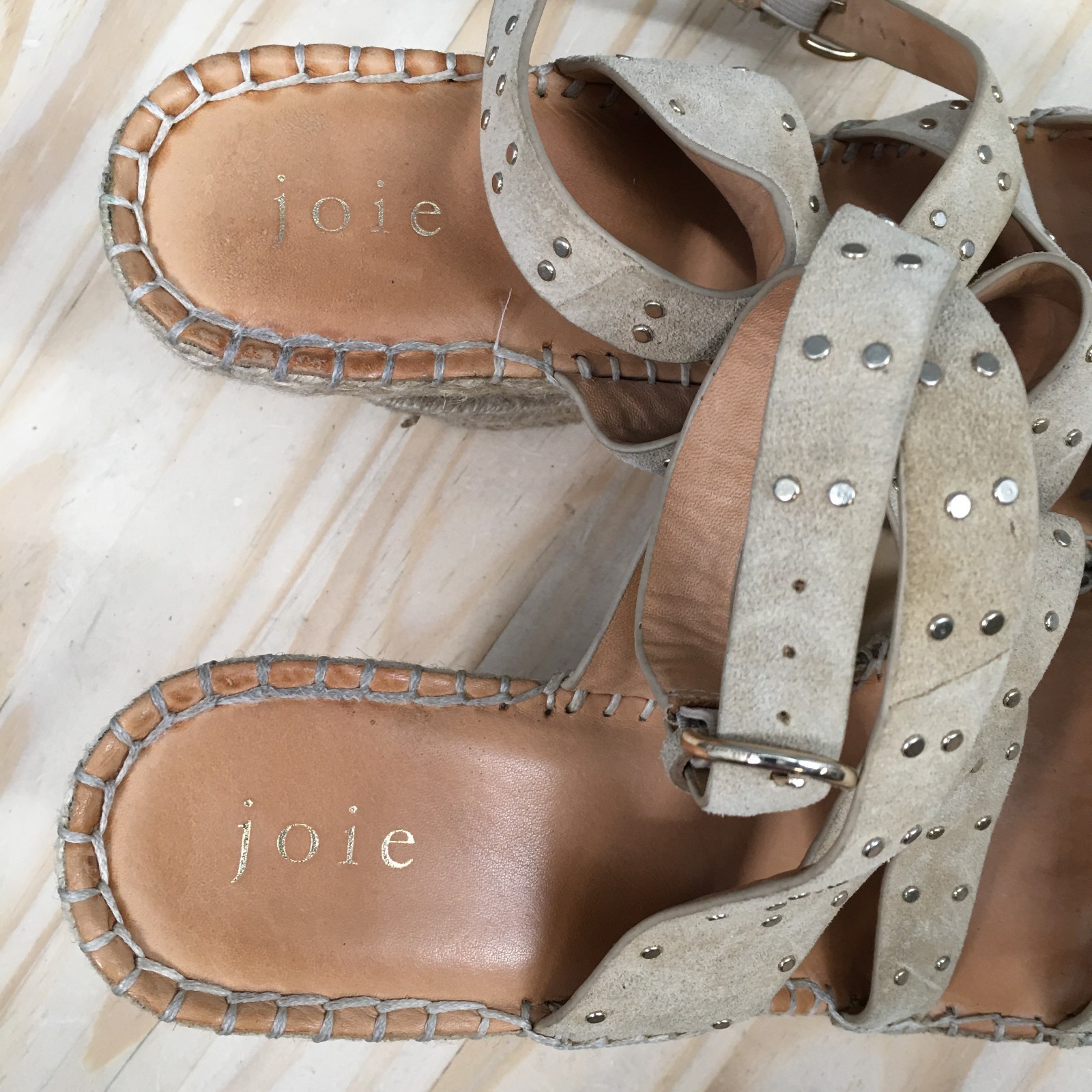 Joie Sandals Womens 38 Korat Studded Strappy Espadrille Wedge Brown Leather