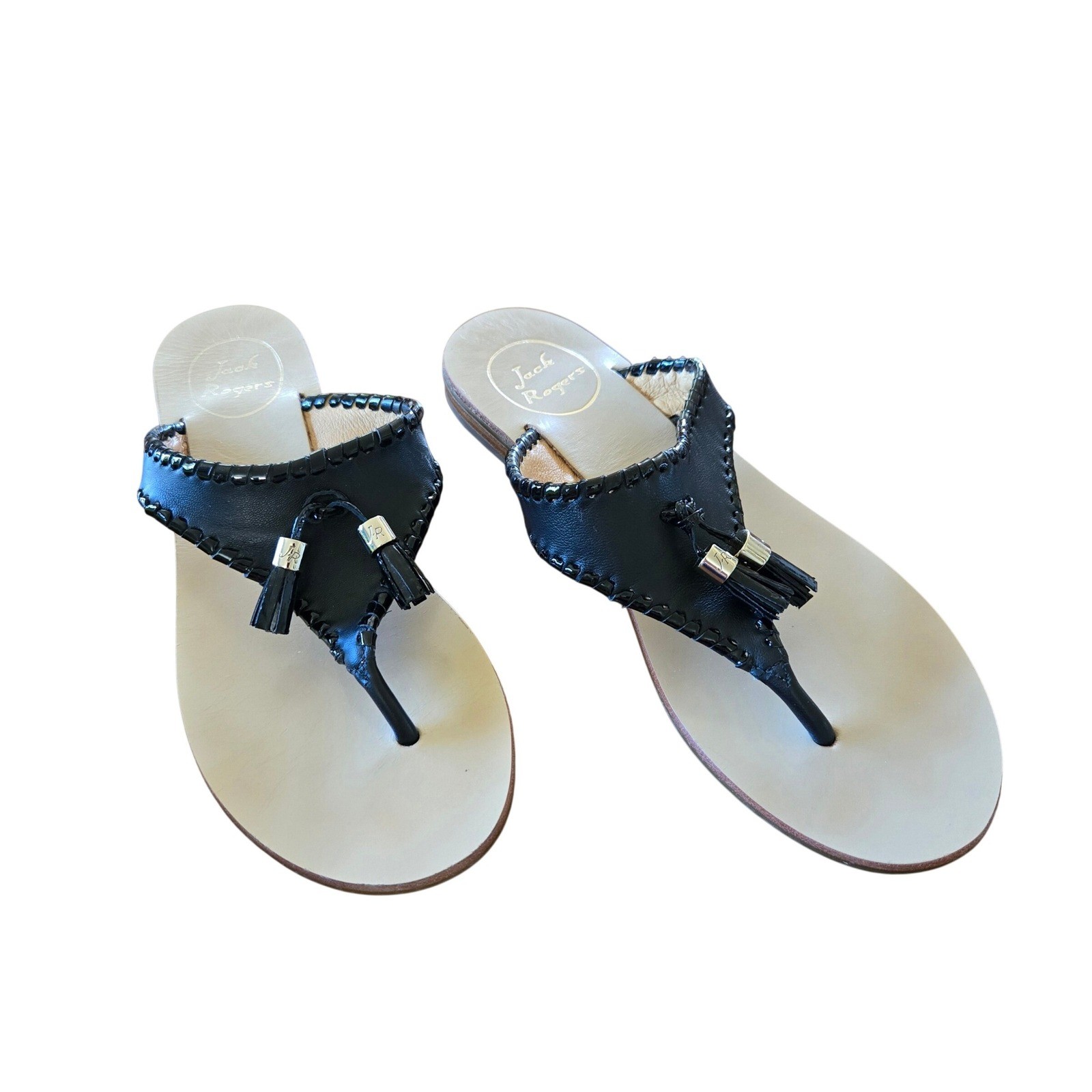 Jack Rogers Alana Black Patent Leather Tassel Whipstitch Thong Sandals Womens 8M