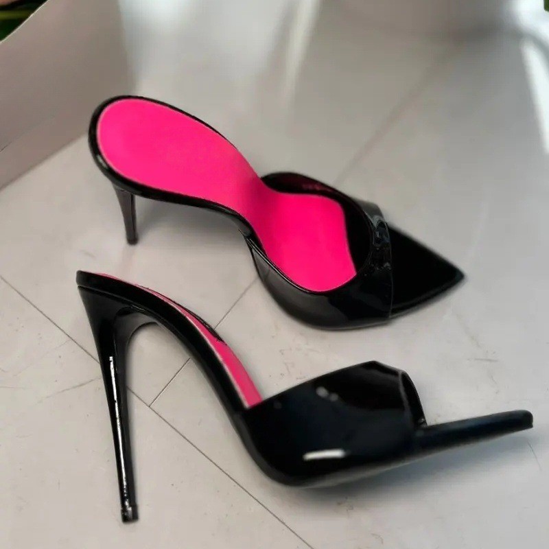 Women’s High Heel Stilettos Pointed Open Toe Slippers Mules Patent Shiny Leather