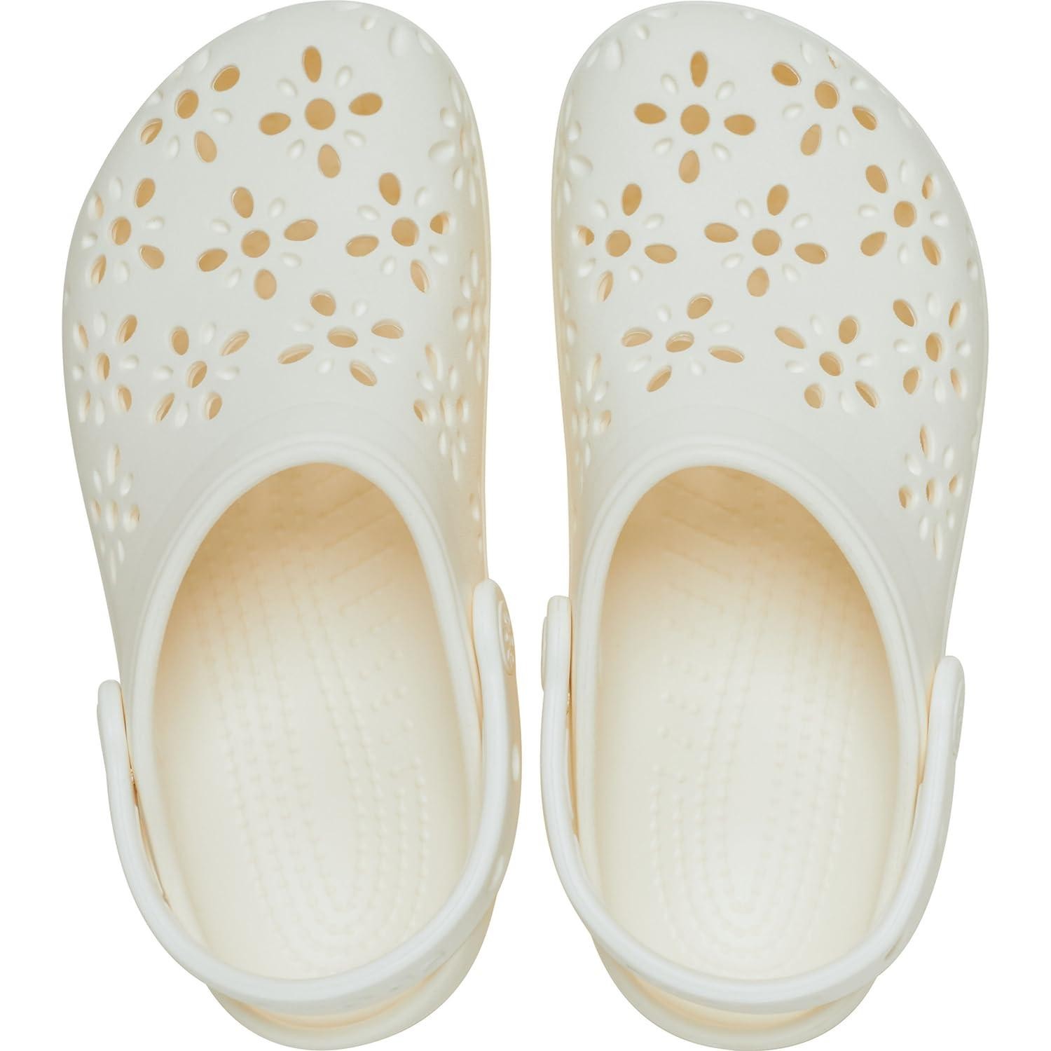 Crocs Womens’ Classic Clogs with Floral Cut Out Design Slippers – Chalk