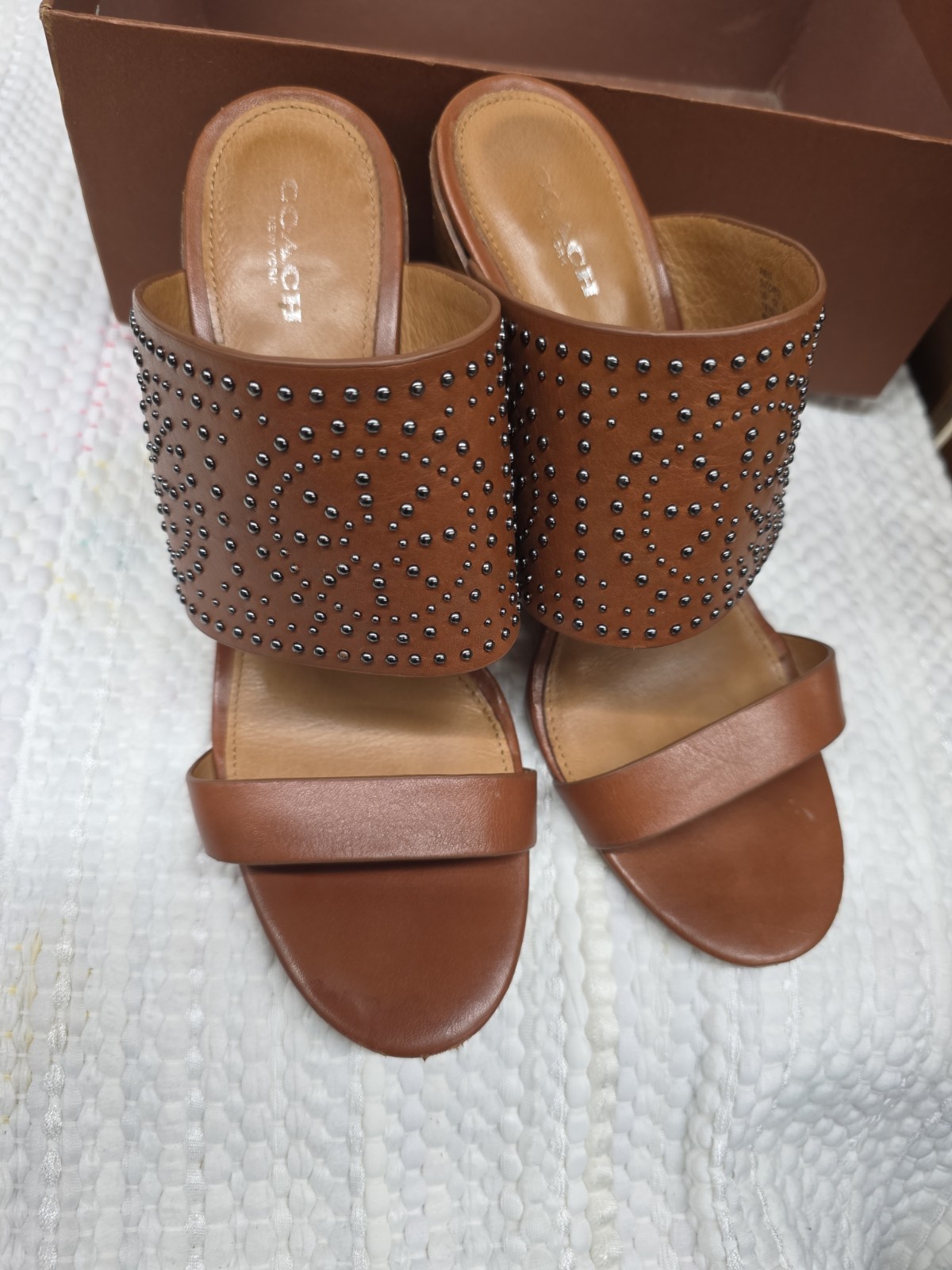 Coach Brown Leather Studded Beaded Block Wedge Sandals Size 11