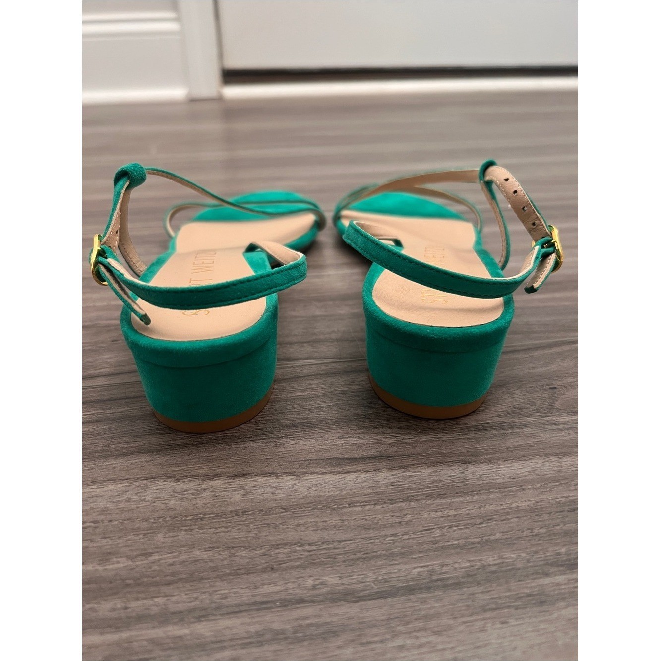 Stuart Weitzman Green Teal Suede Strappy Flat Sandals Made in Spain