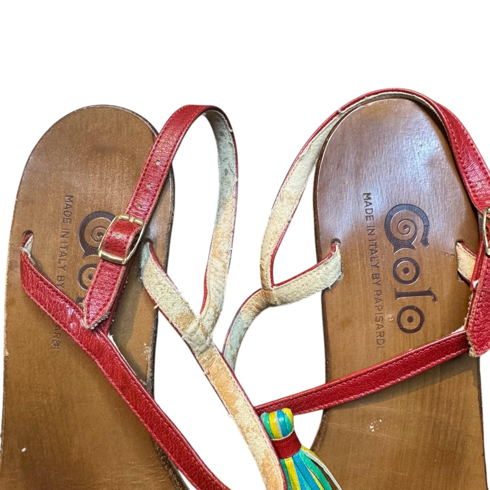 Golo Wedge Sandals Womens Size 10 Red Leather Tassel Ankle Strap Made in Italy