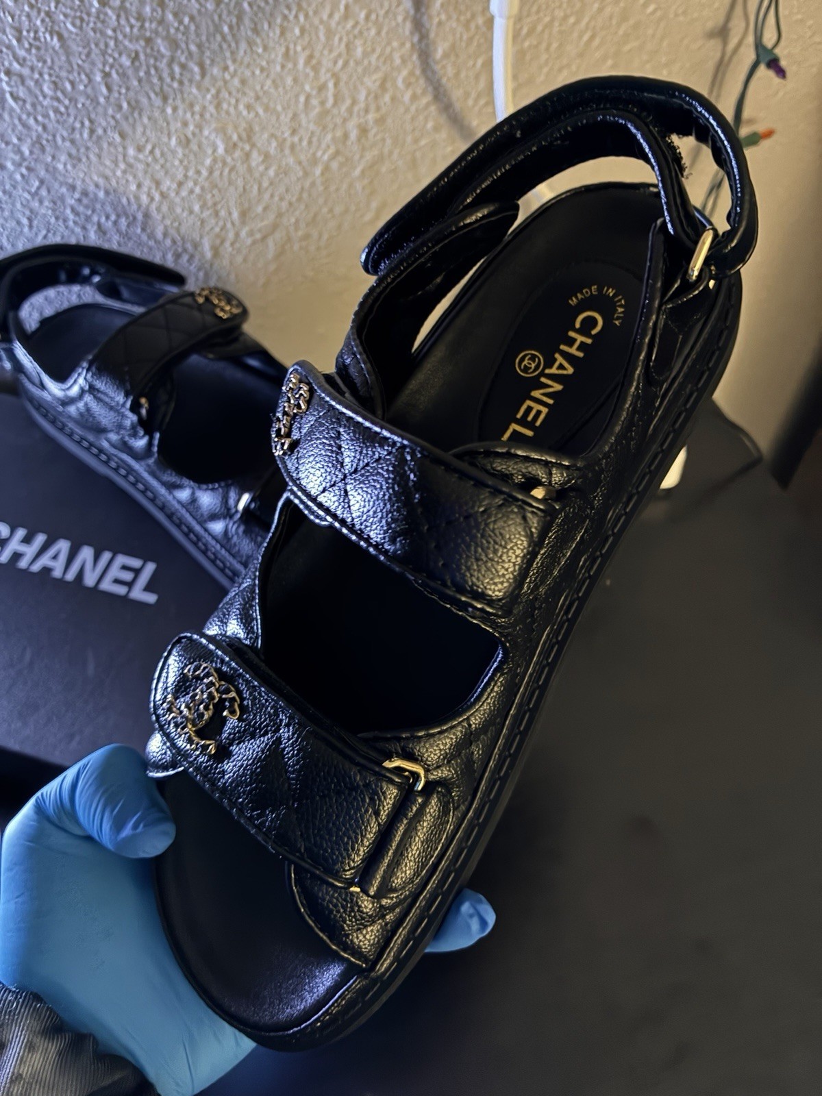 CHANEL Black Quilted CC Logo Strappy Sandals Hook & Loop Closure EU 40
