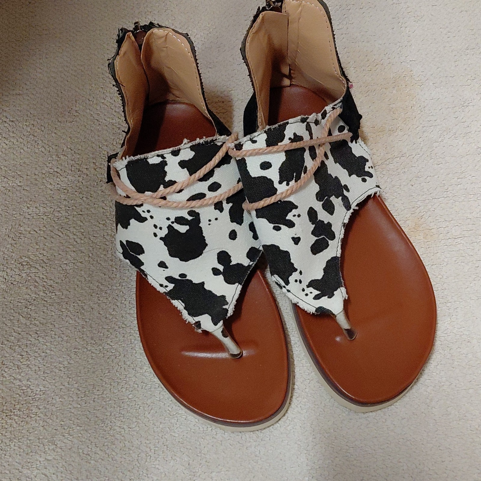 Cow Print Braided Thong Sandals Brown Black White Lightweight Synthetic Summer