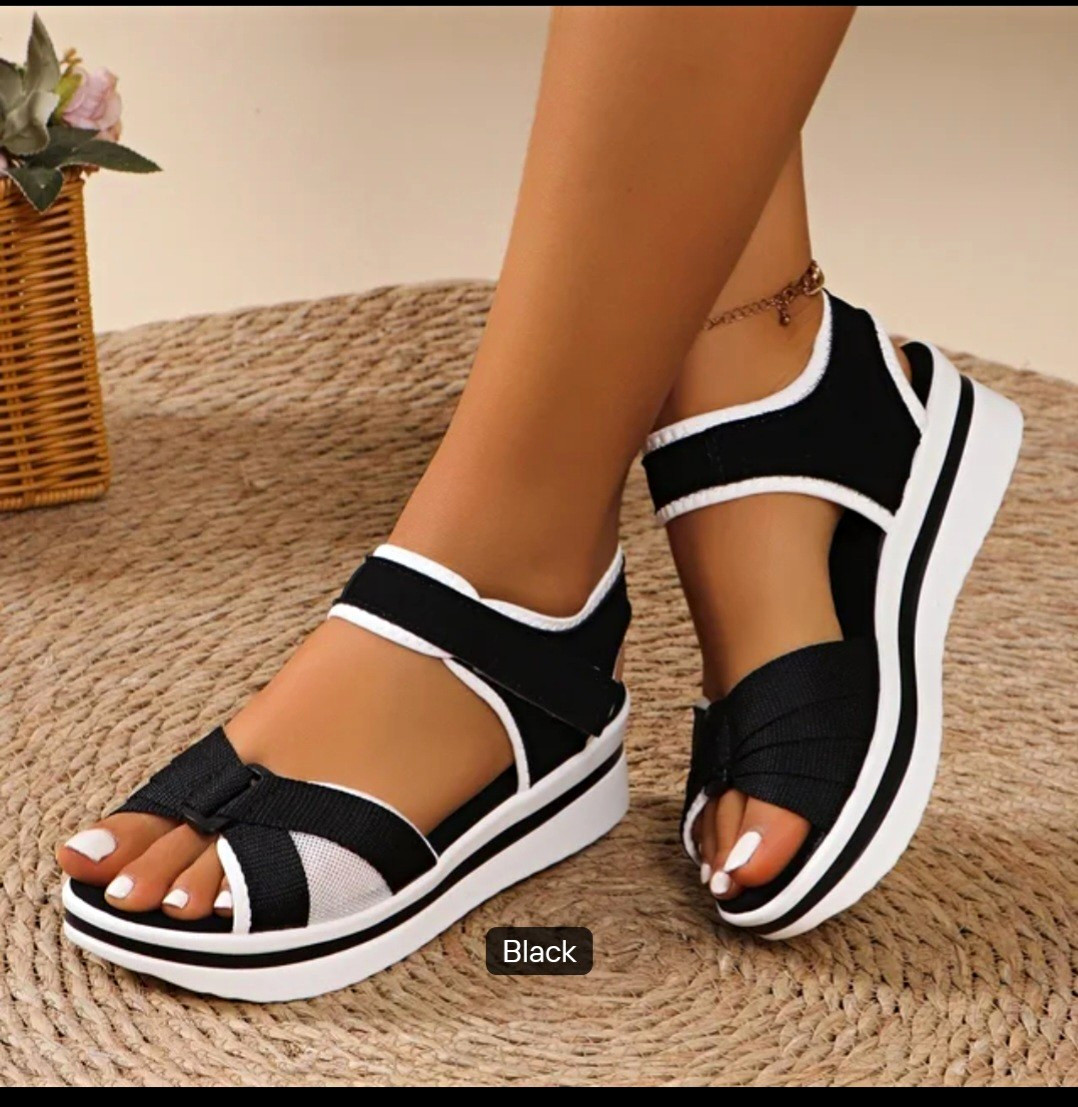 Women’s Solid Strappy Platform Sandals Hook & Loop Contrast Trim Leather 11