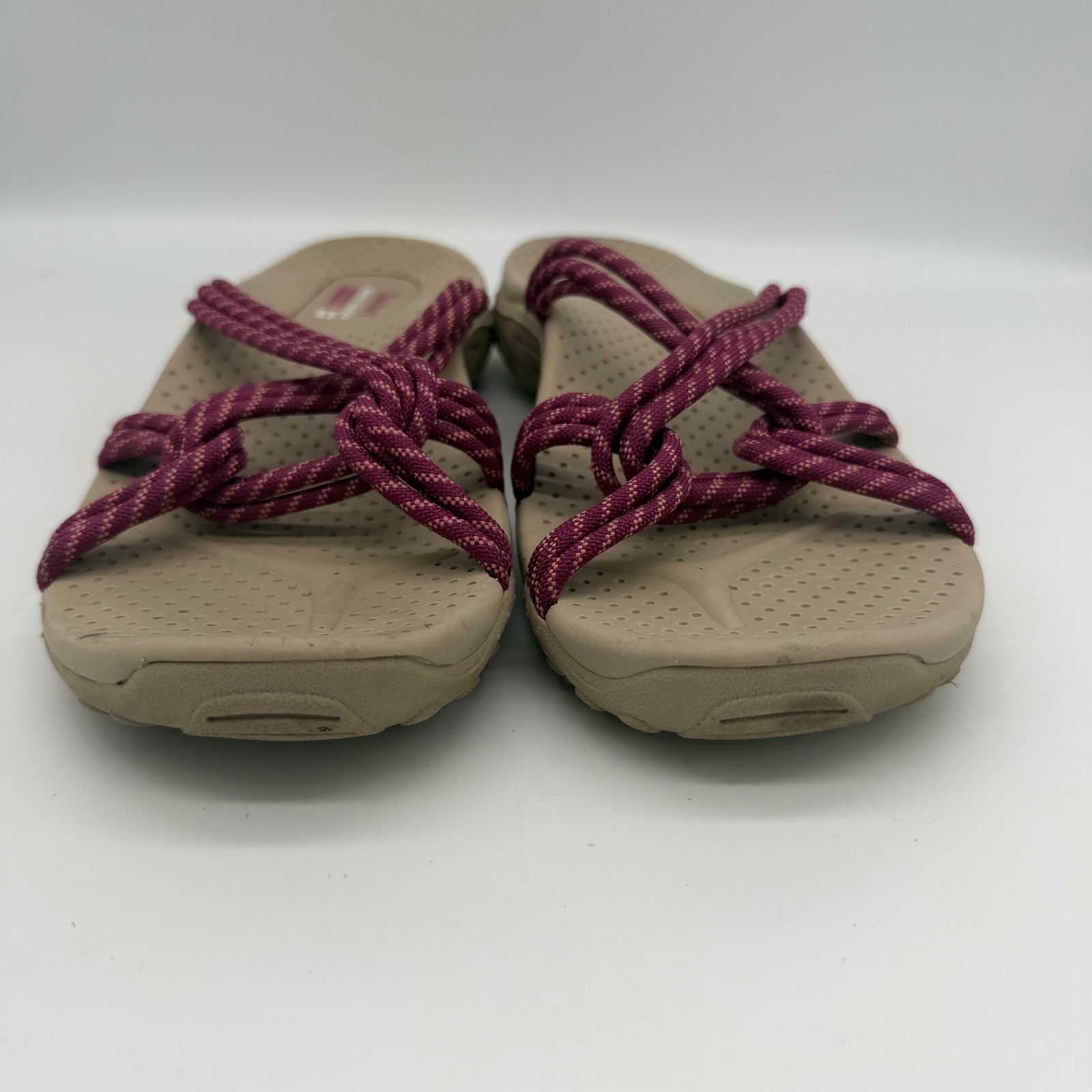Skechers Reggae Rasta Women 7 Burgundy Tan Braided Rope Slide Sandals 41029