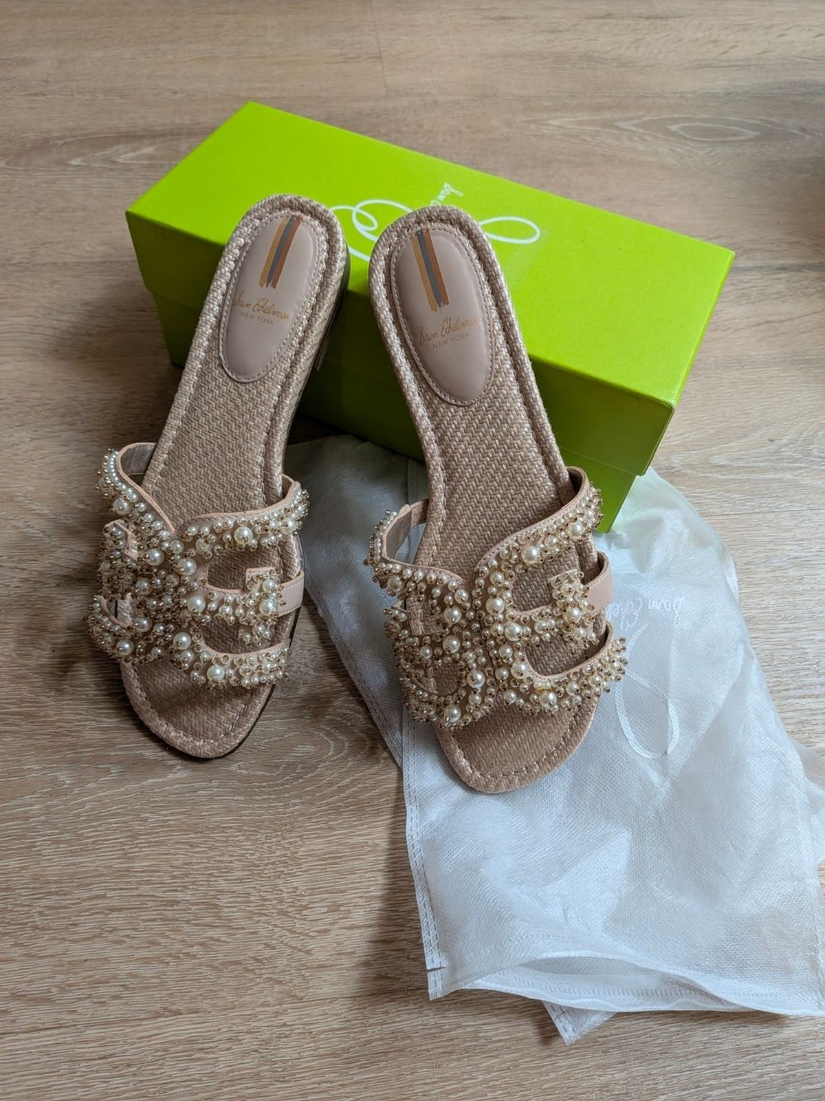 Sam Edelman Bay Perla Nappa Beaded Pearl Embellished Neutral Slide Sandals 11