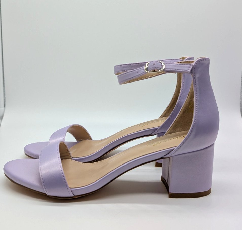 GENSHUO Sandal Heels Purple Satin Size 8 Block Heel Adjustable Ankle Strap Pumps