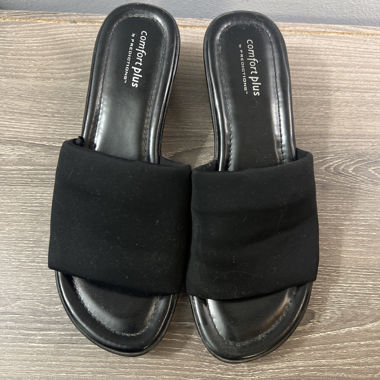 Comfort Plus by Predictions Sandals Womens 9 Wide Slide Black Open Toe Wedge