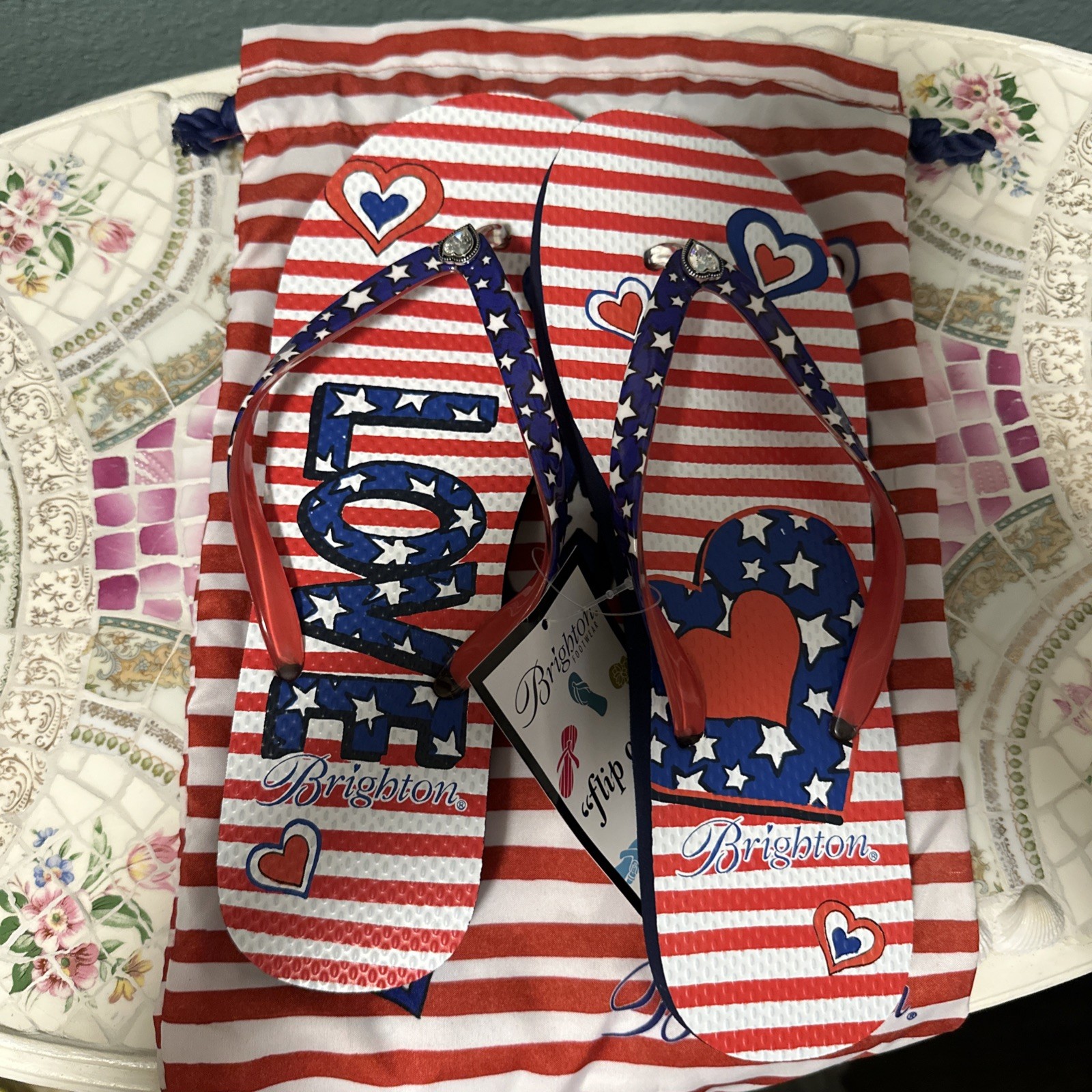 Brighton Patriotic Love Flip Flops Red-White-Blue w/Rhineston Heart & Dust Bag 9