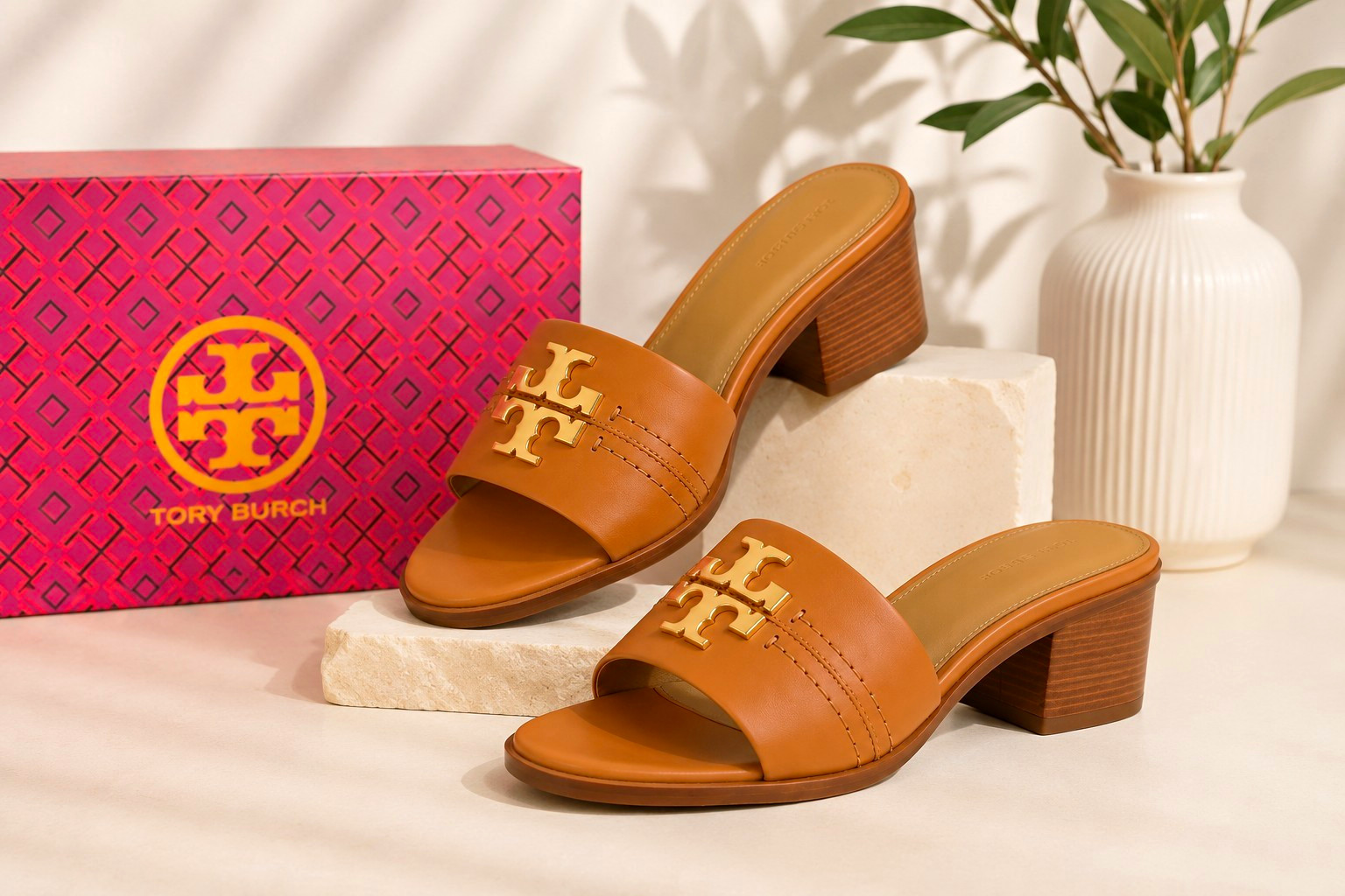 Tory Burch Ines Heeled Mule Sandals Women’s Size 10 Tan Leather Block Heel