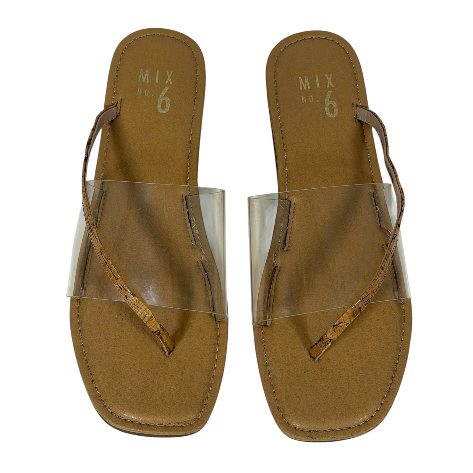 Mix No. 6 Women’s Tan Clear Cork Print Thong Square Toe Flat Sandals Size 9M