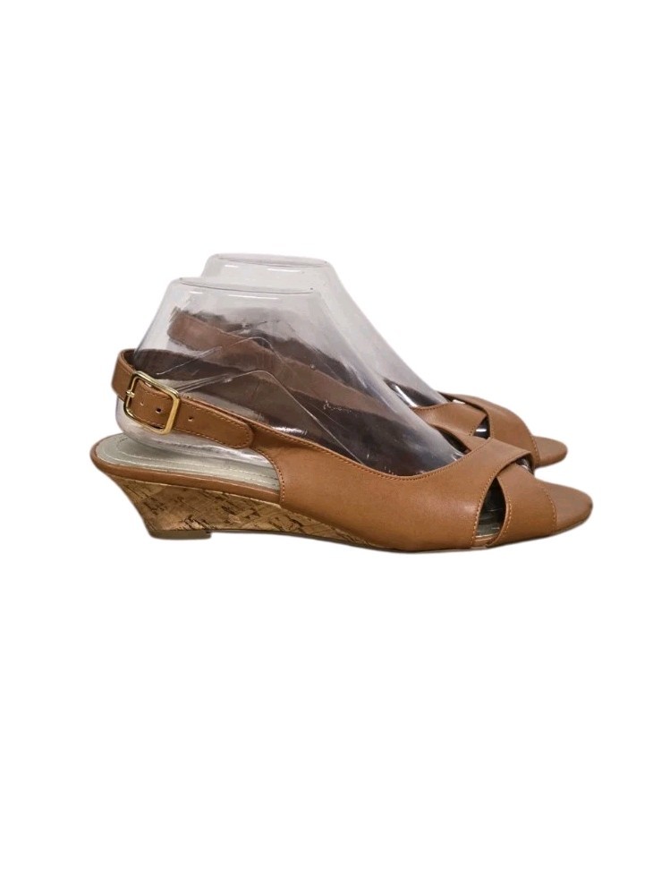 Comfort Plus By Predictions Size 8.5W Wedge Heel Slingback Sandals Tan Open Toe