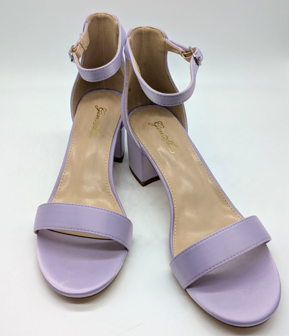GENSHUO Sandal Heels Purple Satin Size 8 Block Heel Adjustable Ankle Strap Pumps