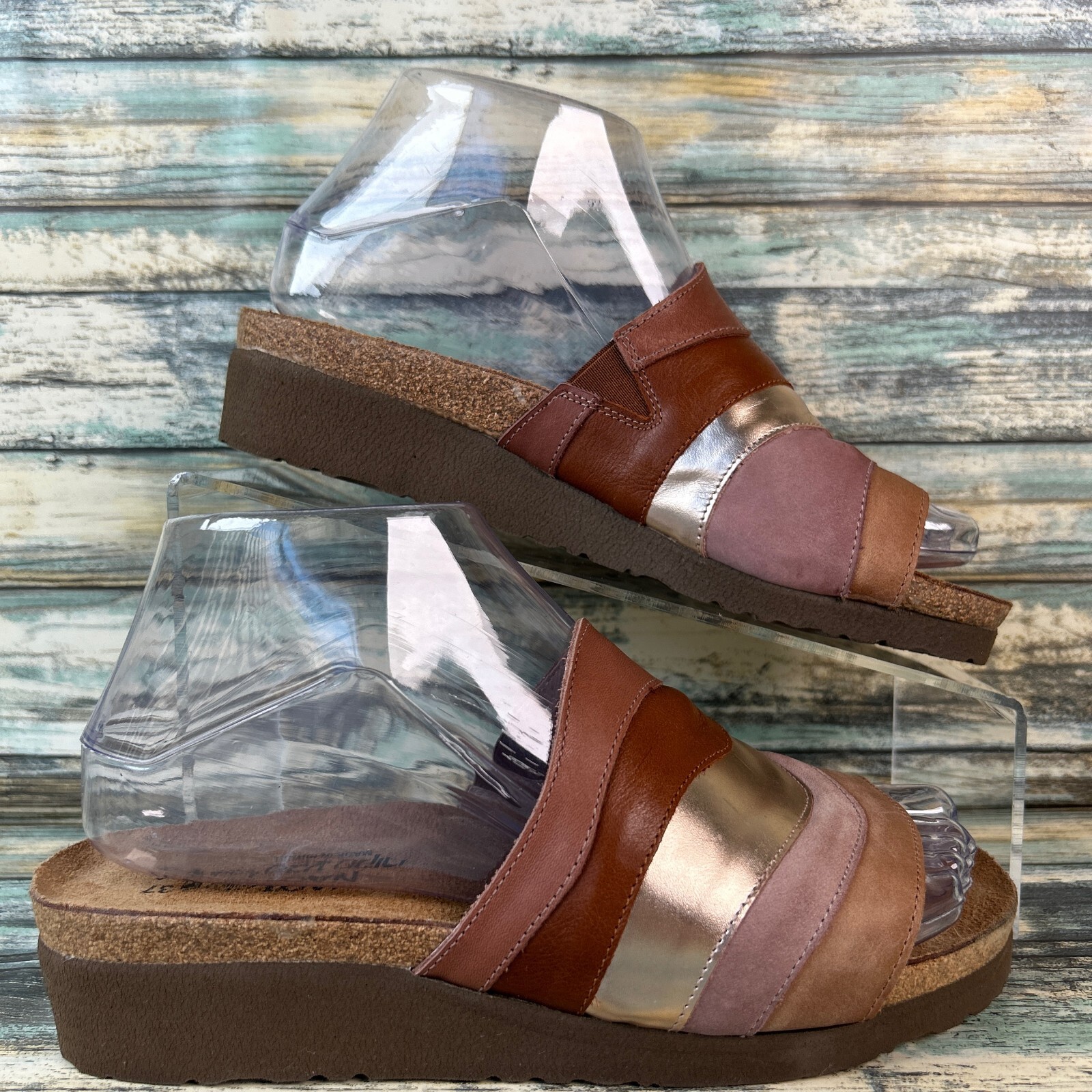 Naot Slide Sandal Sz 6 Brown Gold Leather Open Toe Wedge Patchwork Casual Dress