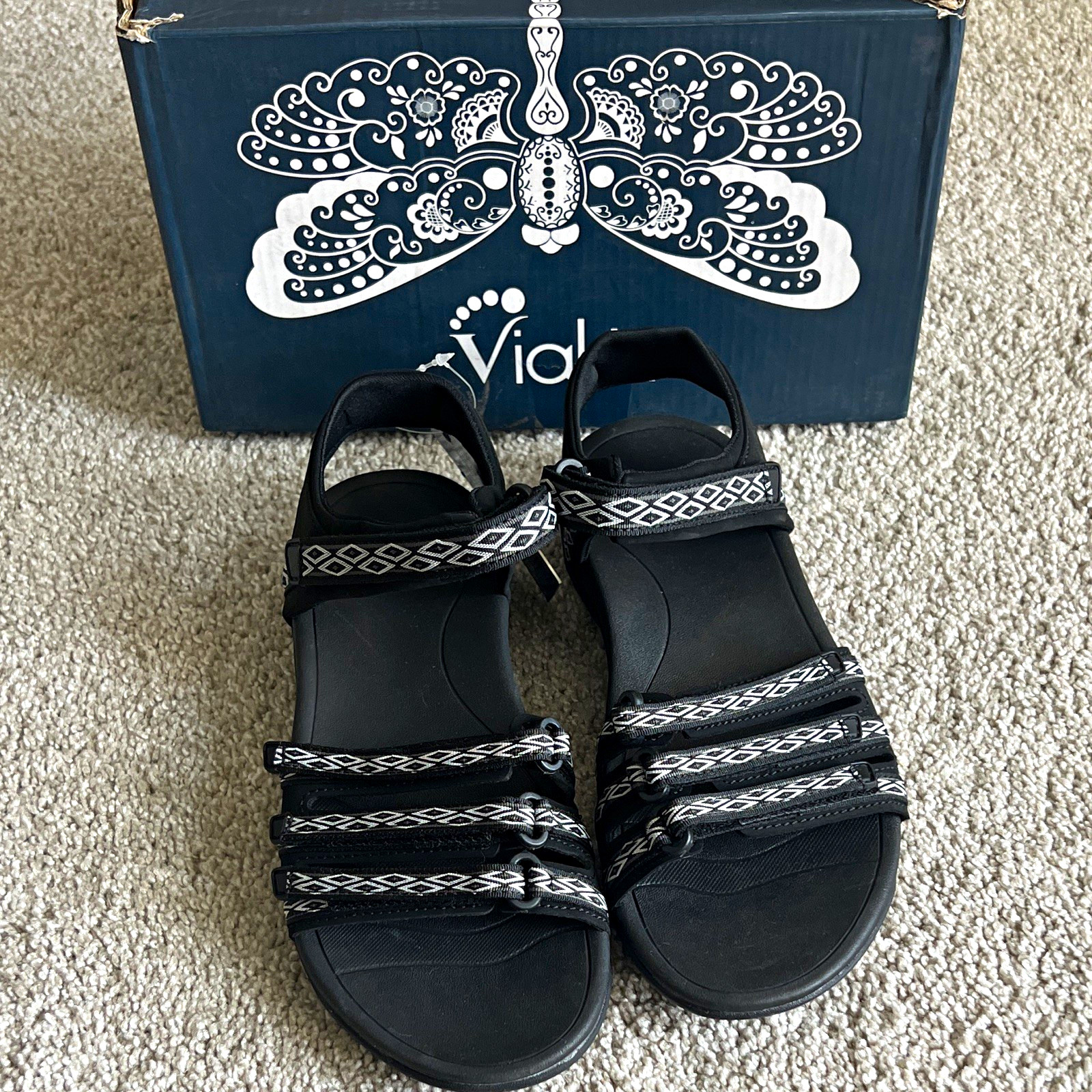 Viakix Women’s Strappy Sandals US 7 Black Hook & Loop Adjustable Geometric NIB