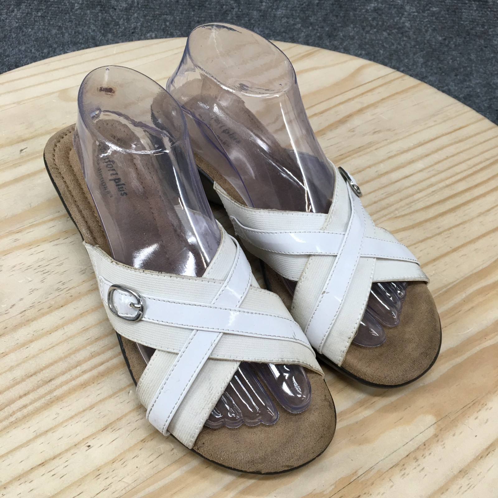 Comfort Plus by Predictions Slide Sandals Womens 9.5 Wedge Buckle Comfort White