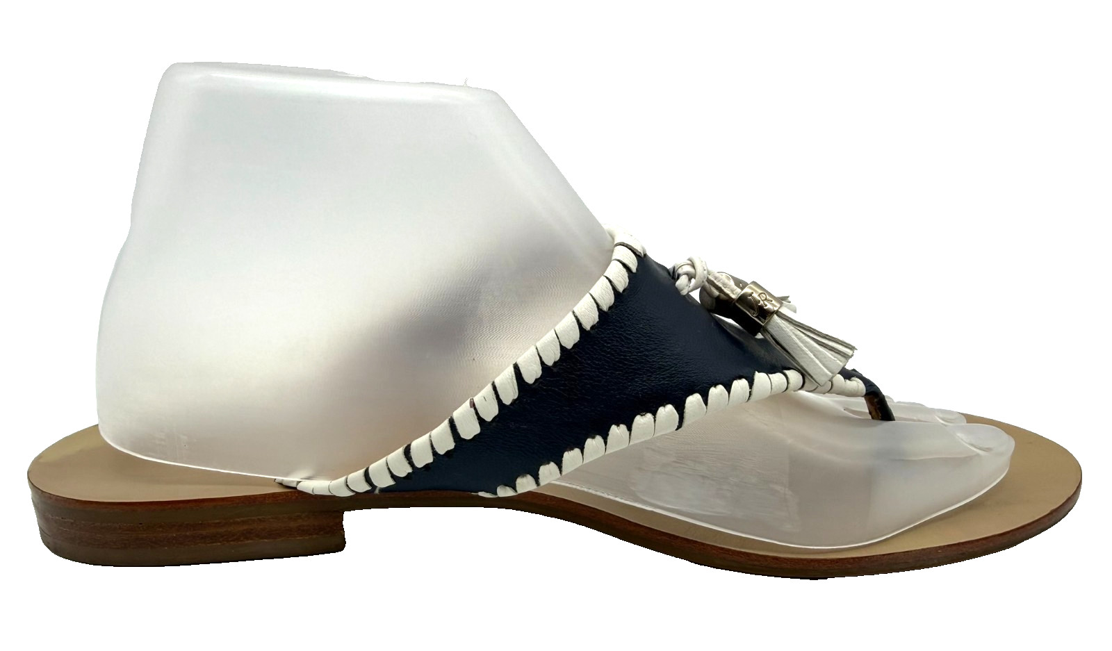Jack Rogers Alana Tassel Navy White Thong Leather Sandals Size 10M Preppy Beach