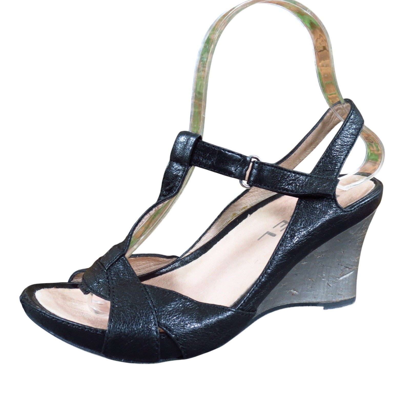 Biviel Women Wedge Sandal Size 36 Casual Dress T-Strap Black Leather Shoes