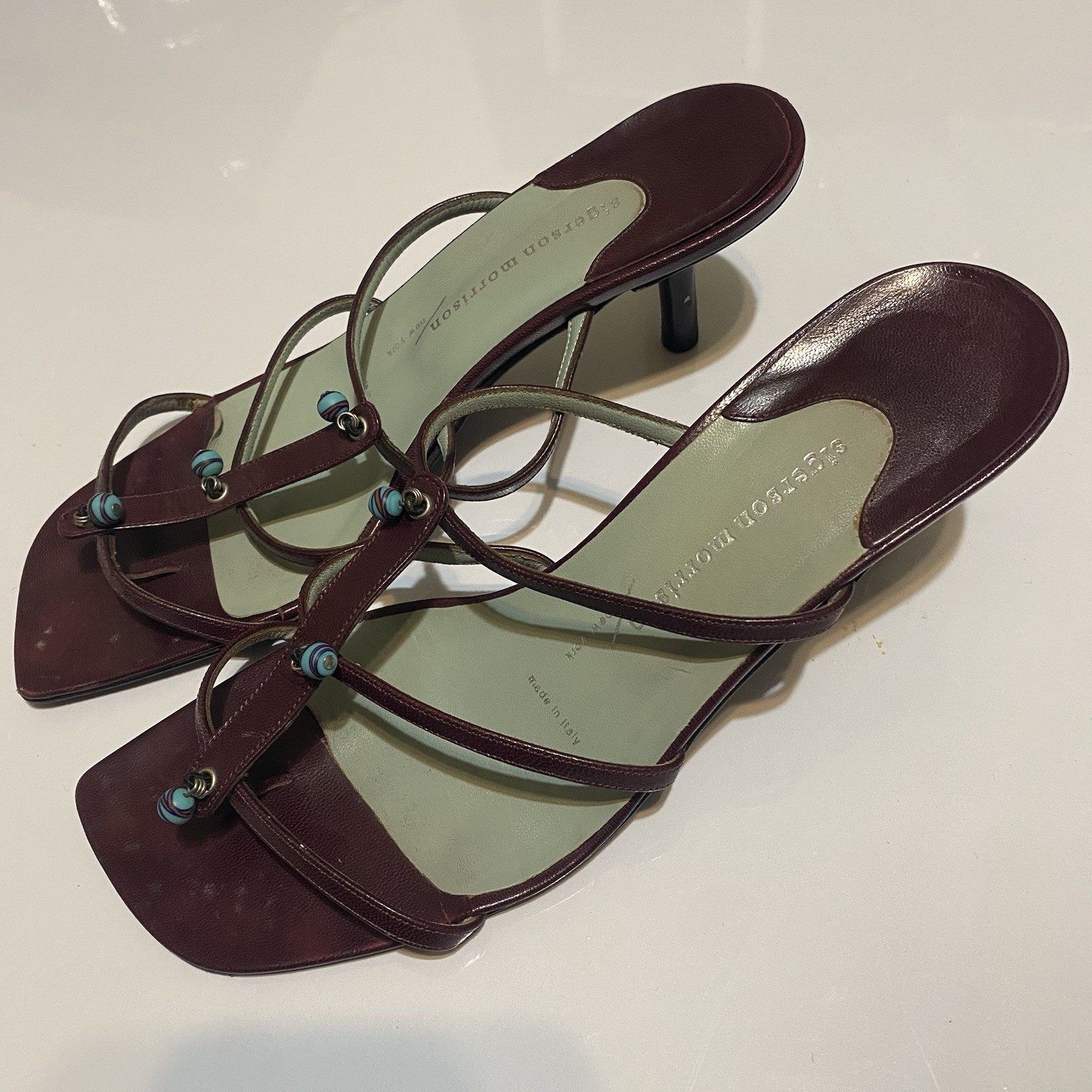 Sigerson Morrison Burgundy Leather Strappy Sandals Size 7.5 Made in Italy Y2K