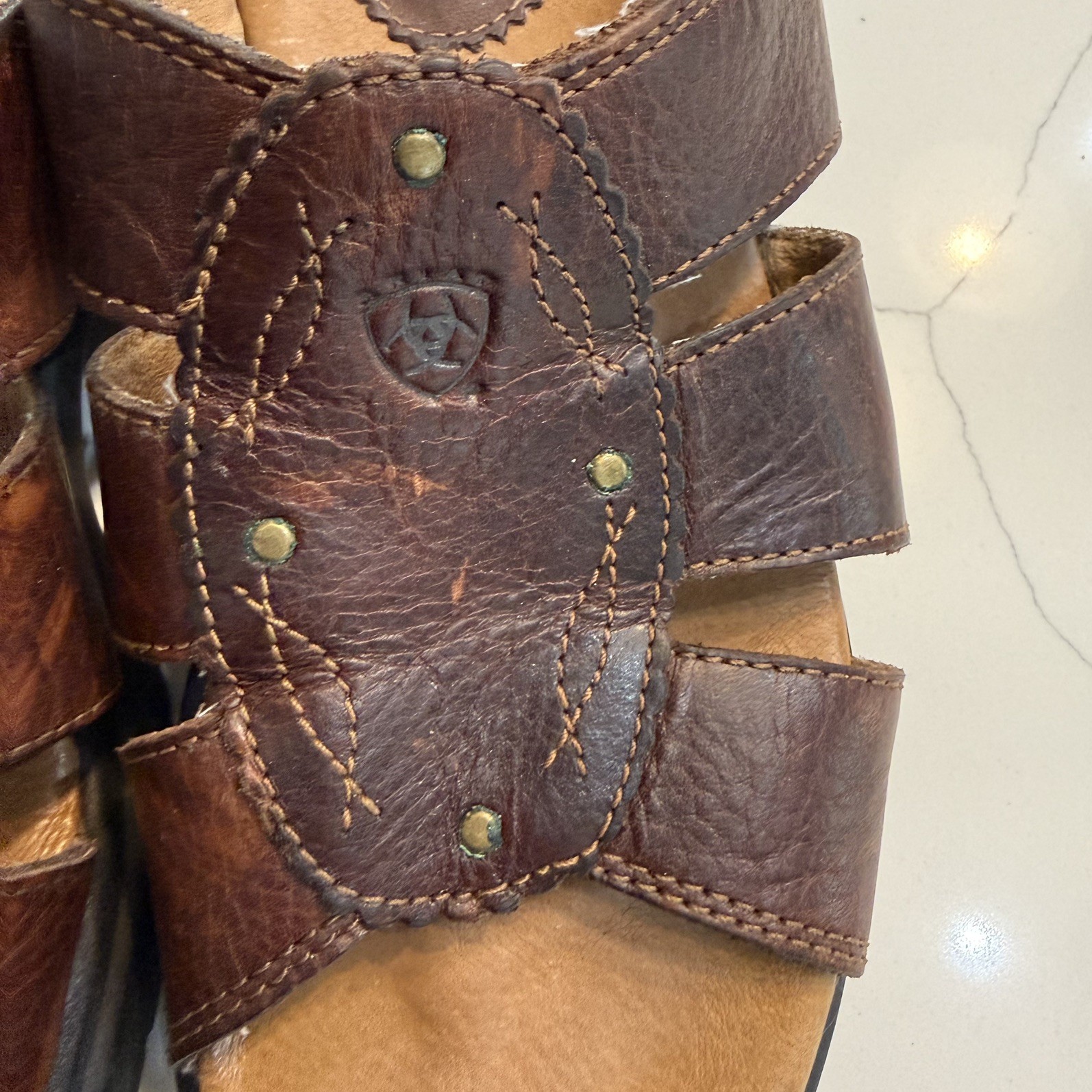 Ariat Brown Leathers Strap Brass Stud Slides Sandal Style 21444 Womens 7.5B