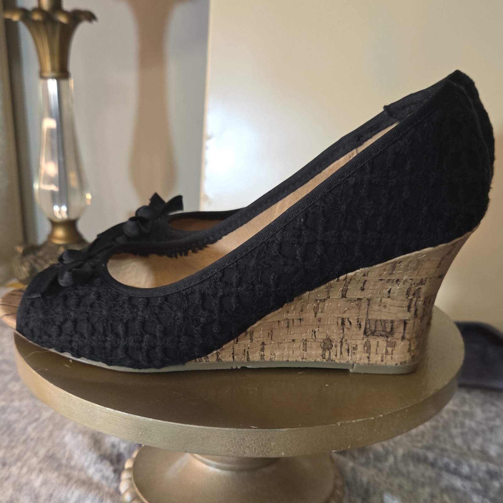 REPORT Black Fabric Crochet Bow Slip On Wedge Sandals Womens Casual