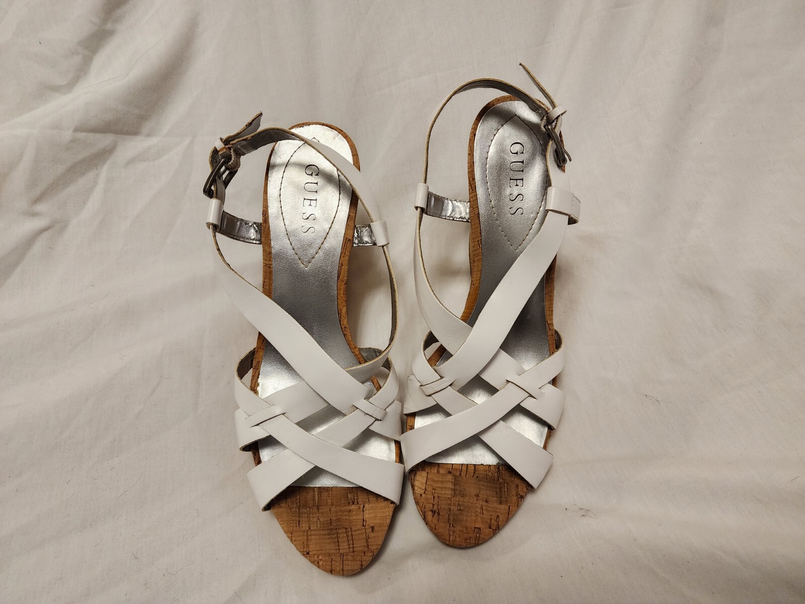 Guess Women’s Beige/White Strappy Alana Wedge Sandals Sz US 9M